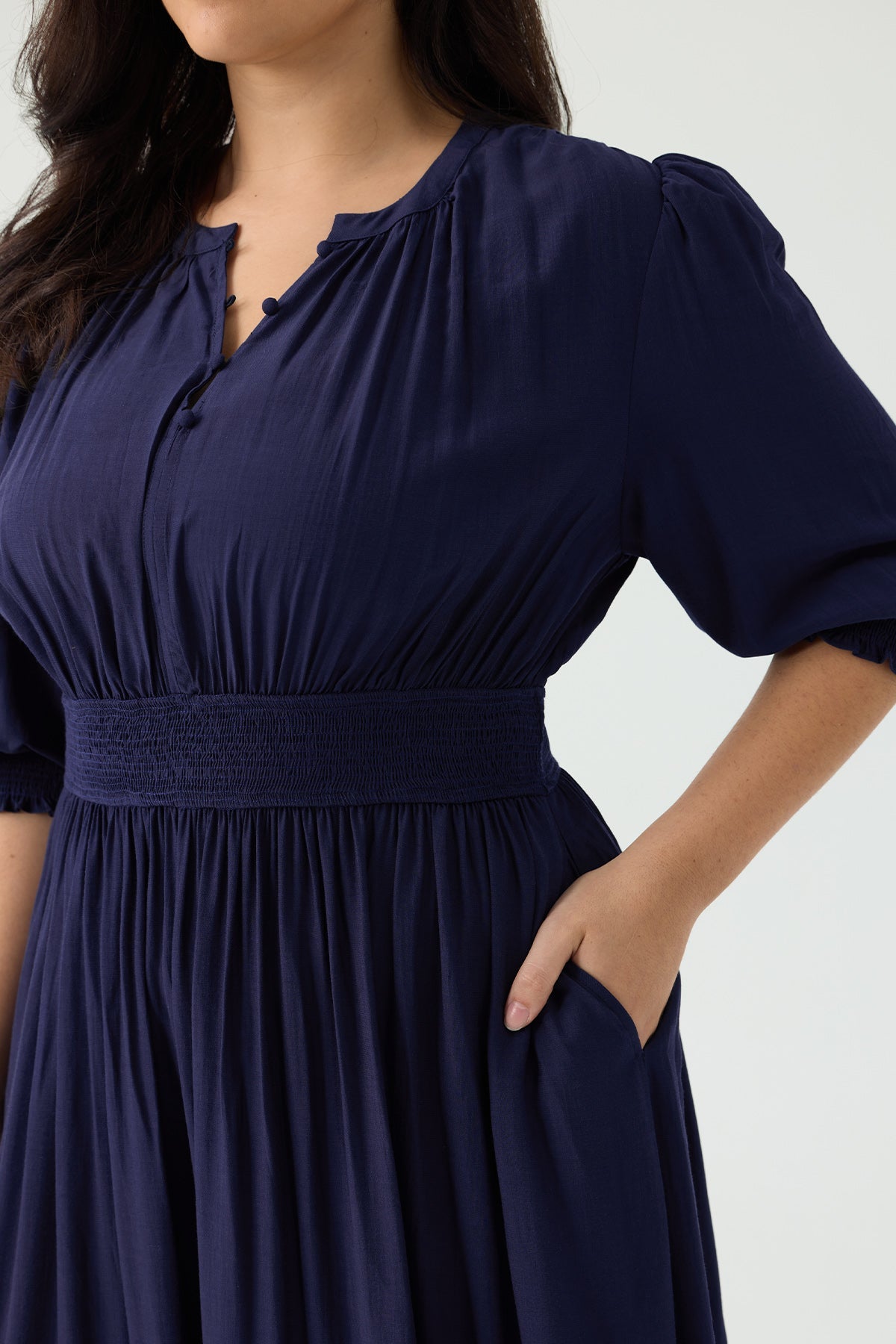 Ritera Pocket Smock Waist Tiered Ruffled Button Midi Dress