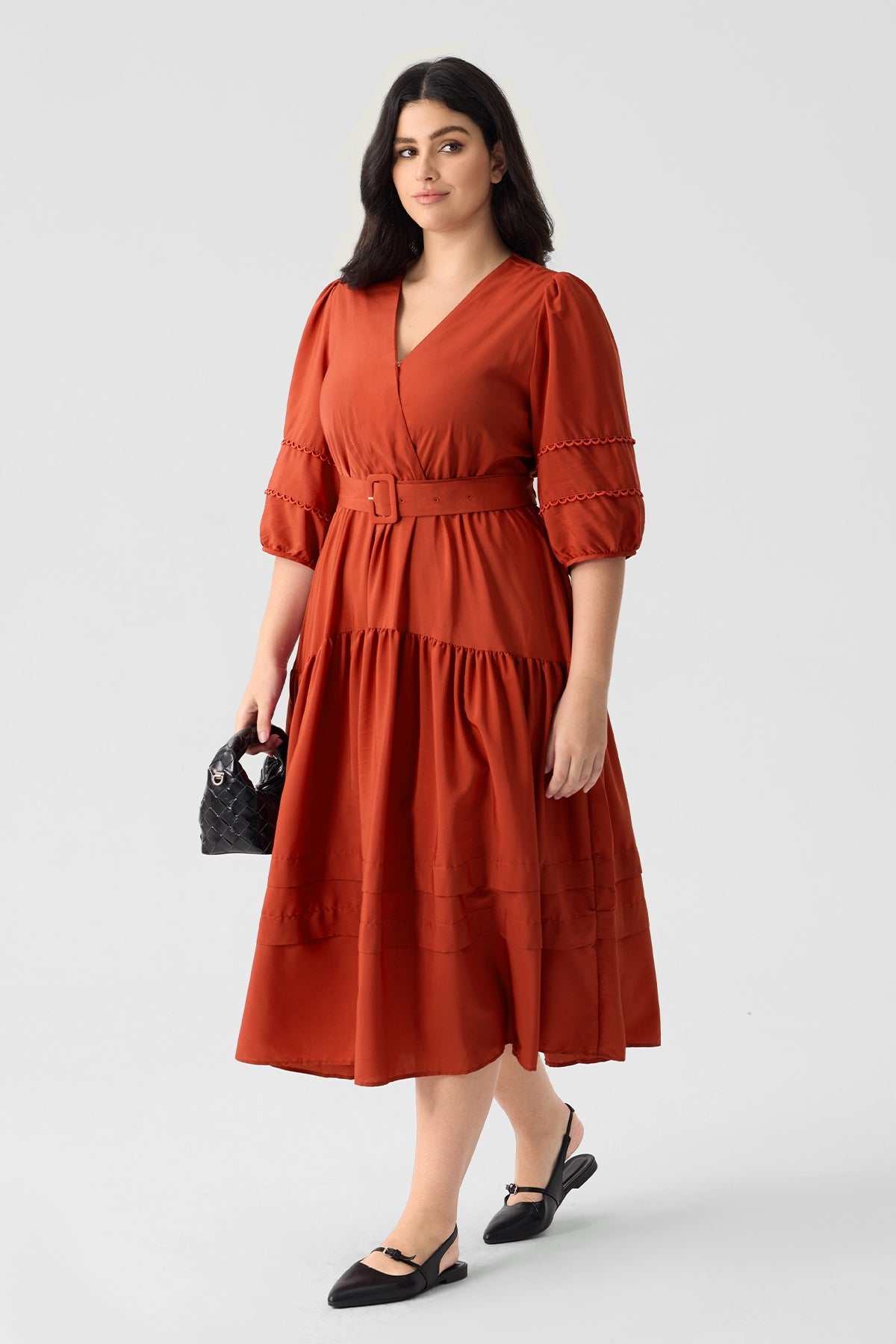 Ritera Pockets Tiered Boho A-Line Midi Dress with Adjustable Belt