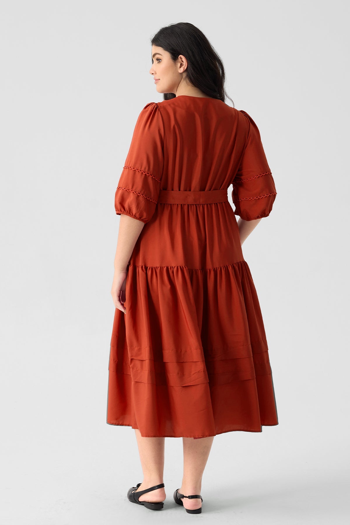 Ritera Pockets Tiered Boho A-Line Midi Dress with Adjustable Belt