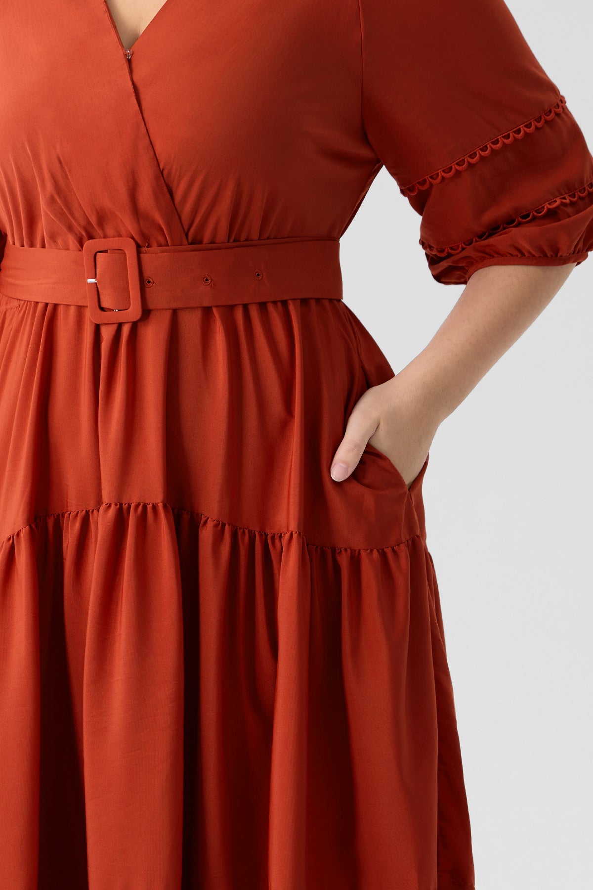 Ritera Pockets Tiered Boho A-Line Midi Dress with Adjustable Belt