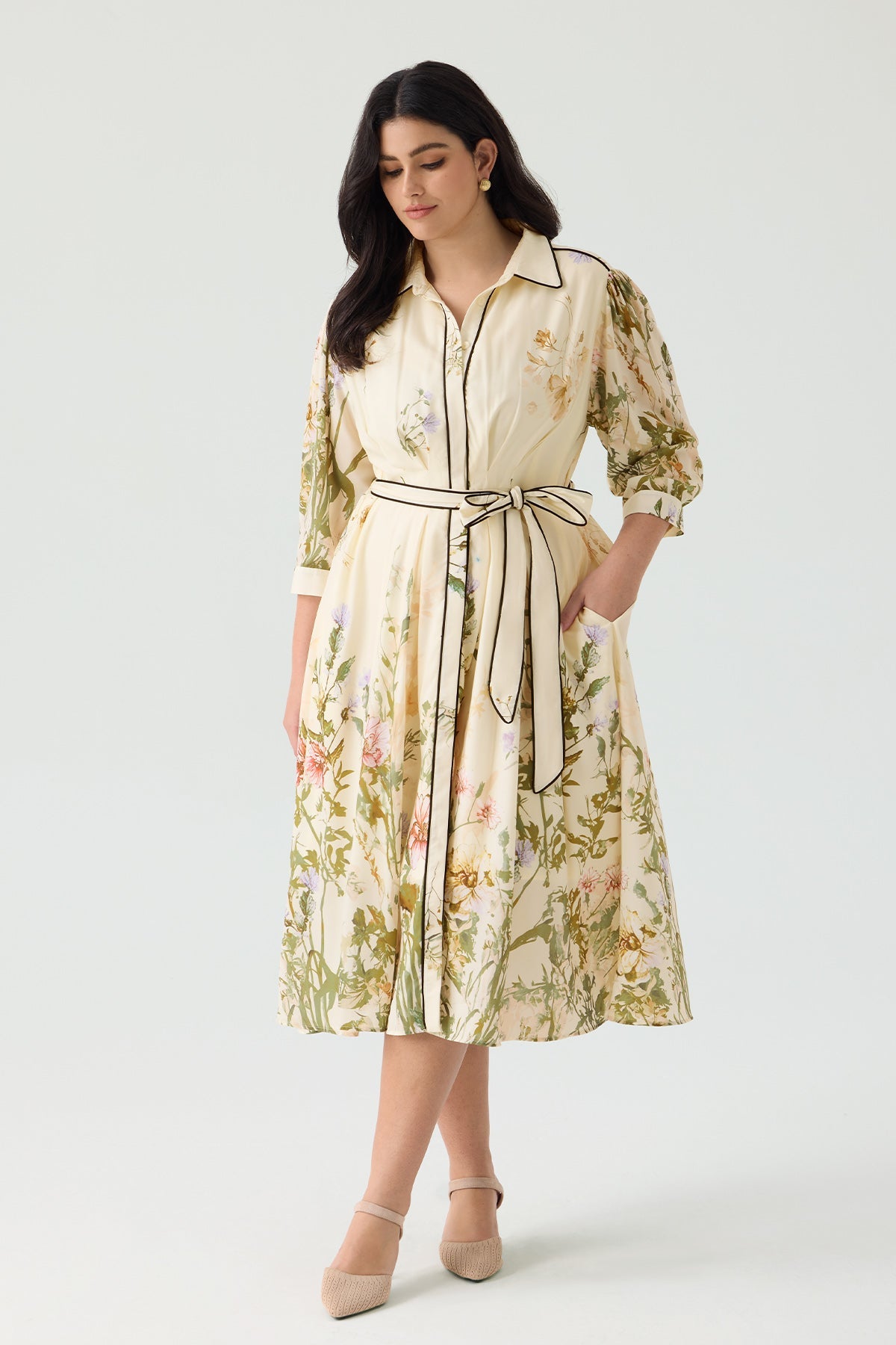 Ritera Pockets Floral Print Elegant Midi Shirt Dress with Tie Waist Belt