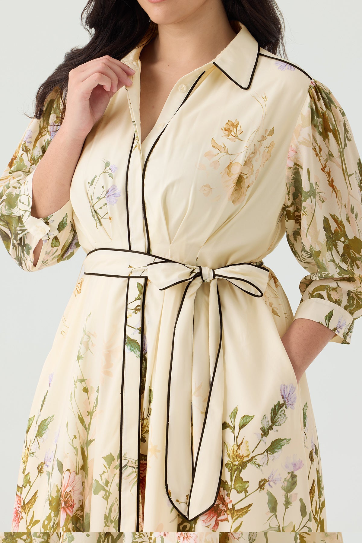 Ritera Pockets Floral Print Elegant Midi Shirt Dress with Tie Waist Belt