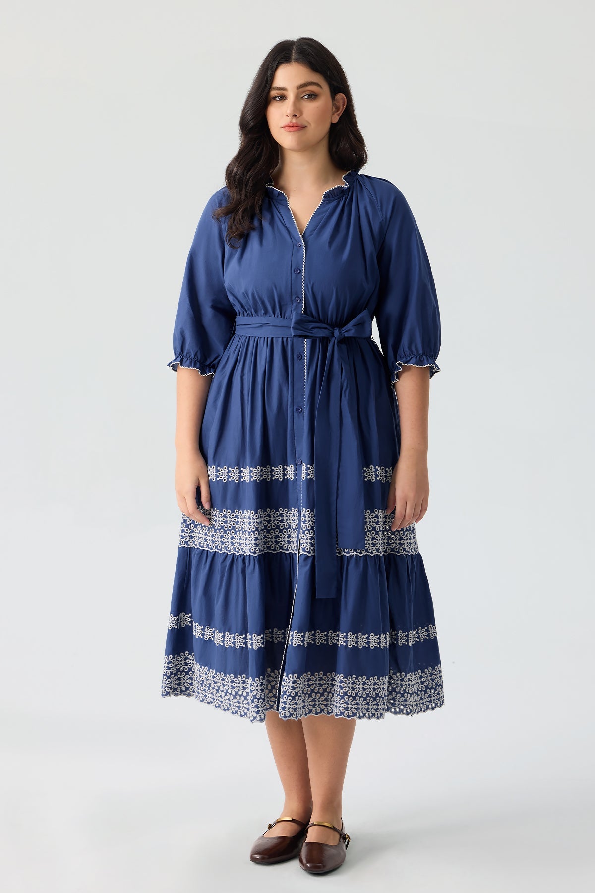 Ritera Embroidered Tiered Bohemian A-Line Shirt Dress with Belt