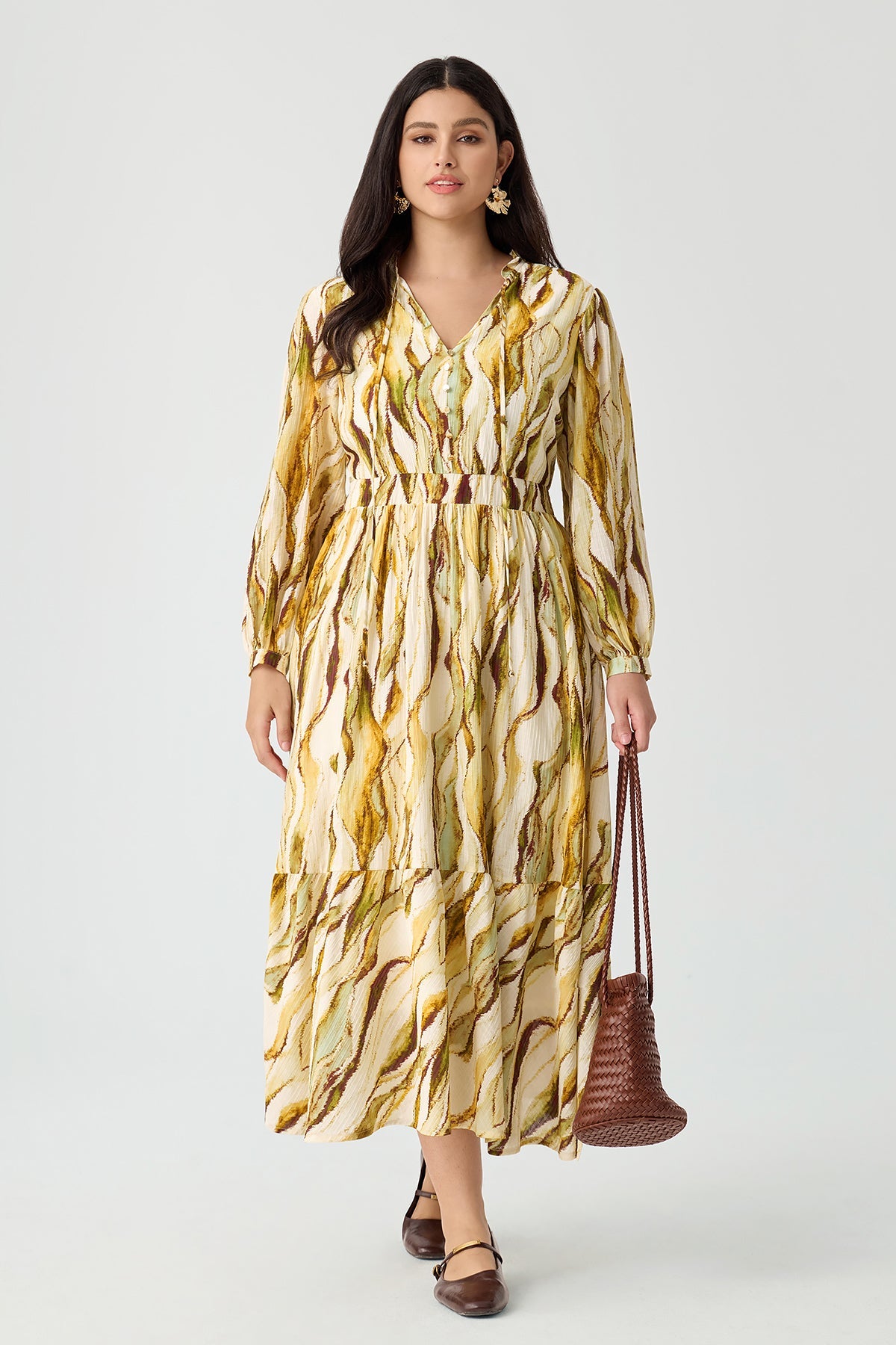 Ritera Stripes Tie V-Neck Tiered A-line Willowy Dress