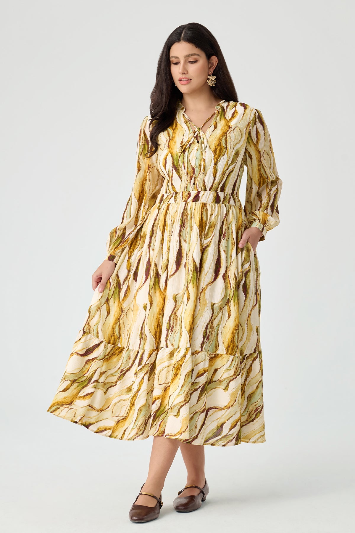 Ritera Stripes Tie V-Neck Tiered A-line Willowy Dress