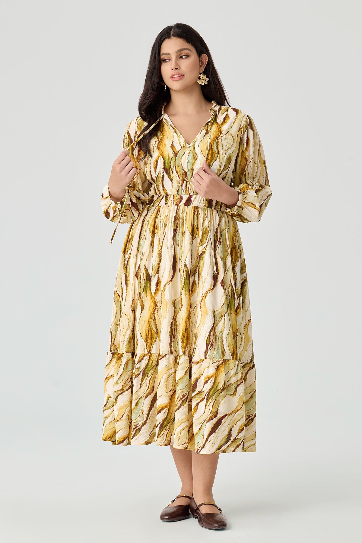 Ritera Stripes Tie V-Neck Tiered A-line Willowy Dress