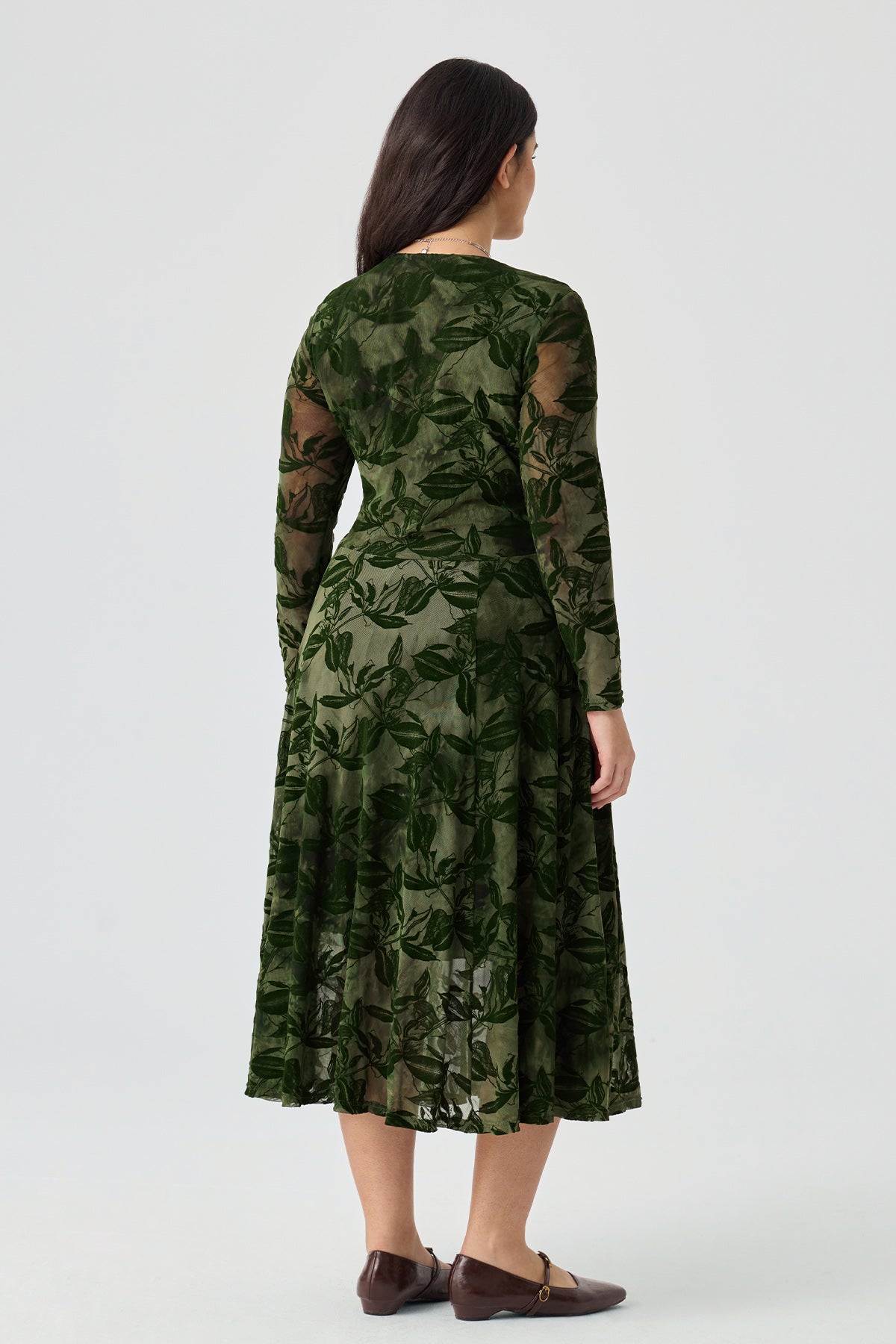 Ritera V-Neck Smocked Waist Flocked Mesh Midi Dress