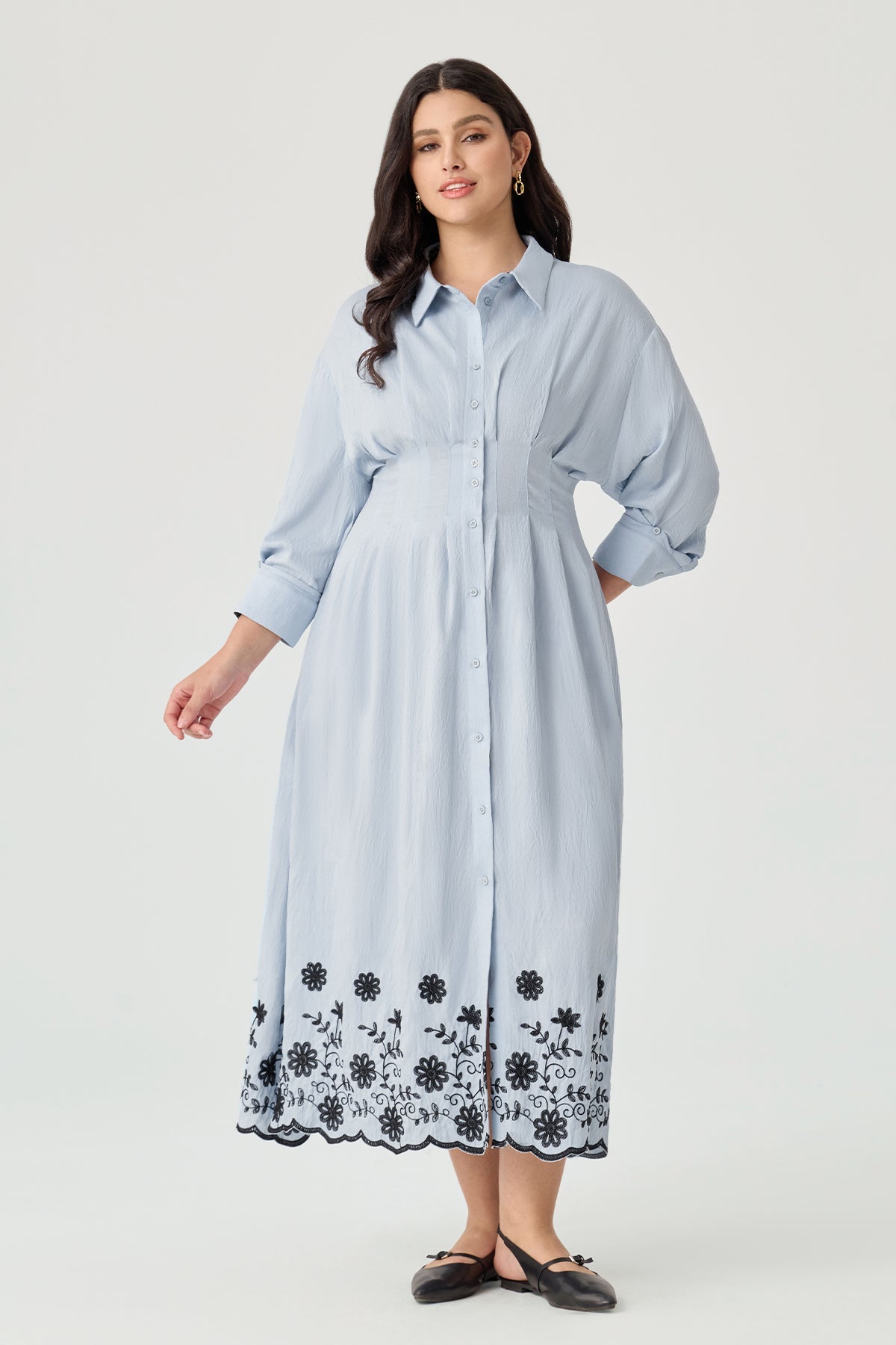 Ritera Pockets Elegant Floral Boho Embroidered Midi Shirt Dress