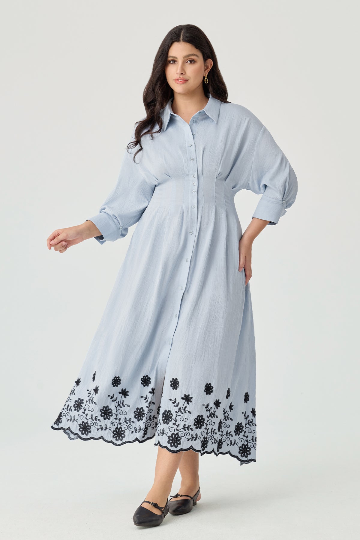 Ritera Pockets Elegant Floral Boho Embroidered Midi Shirt Dress