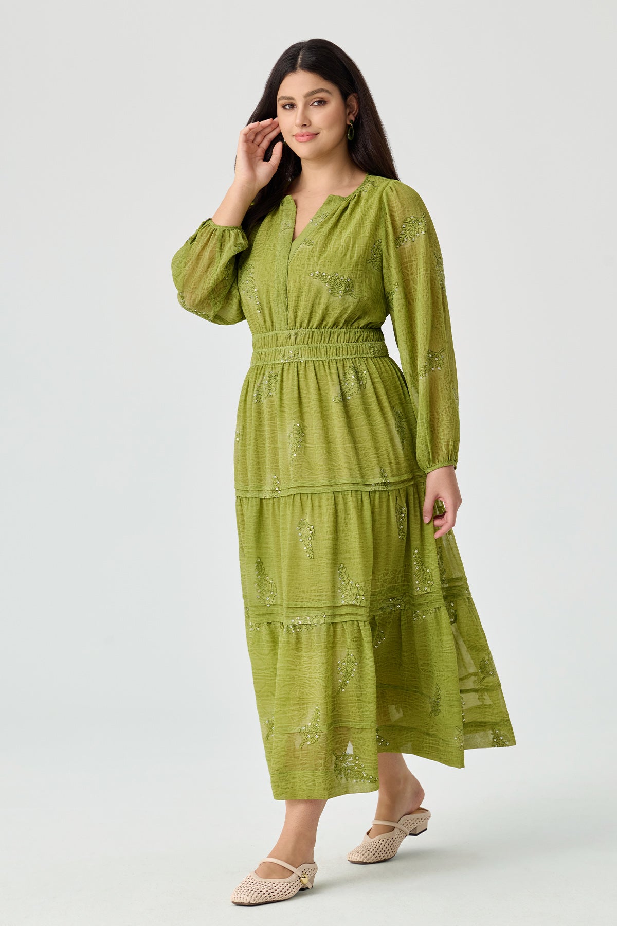 Ritera Sequin Embroidery Leaves Smocked Waist Tiered Midi Dress