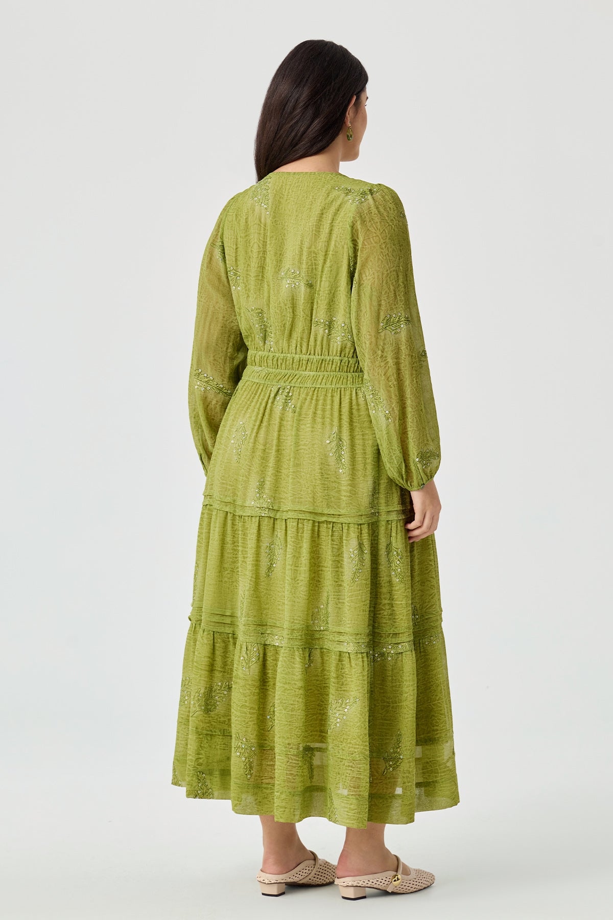 Ritera Sequin Embroidery Leaves Smocked Waist Tiered Midi Dress