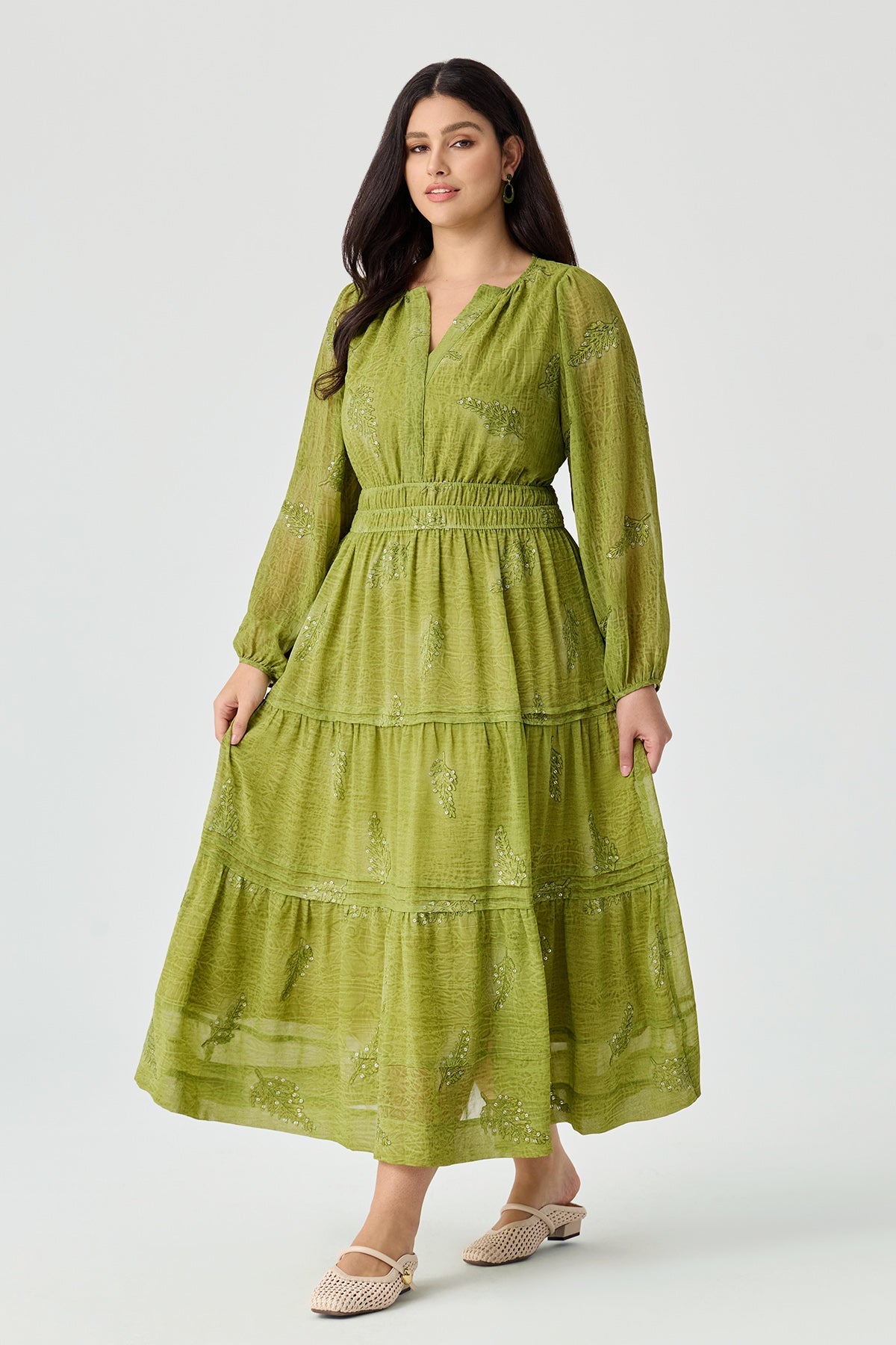 Ritera Sequin Embroidery Leaves Smocked Waist Tiered Midi Dress