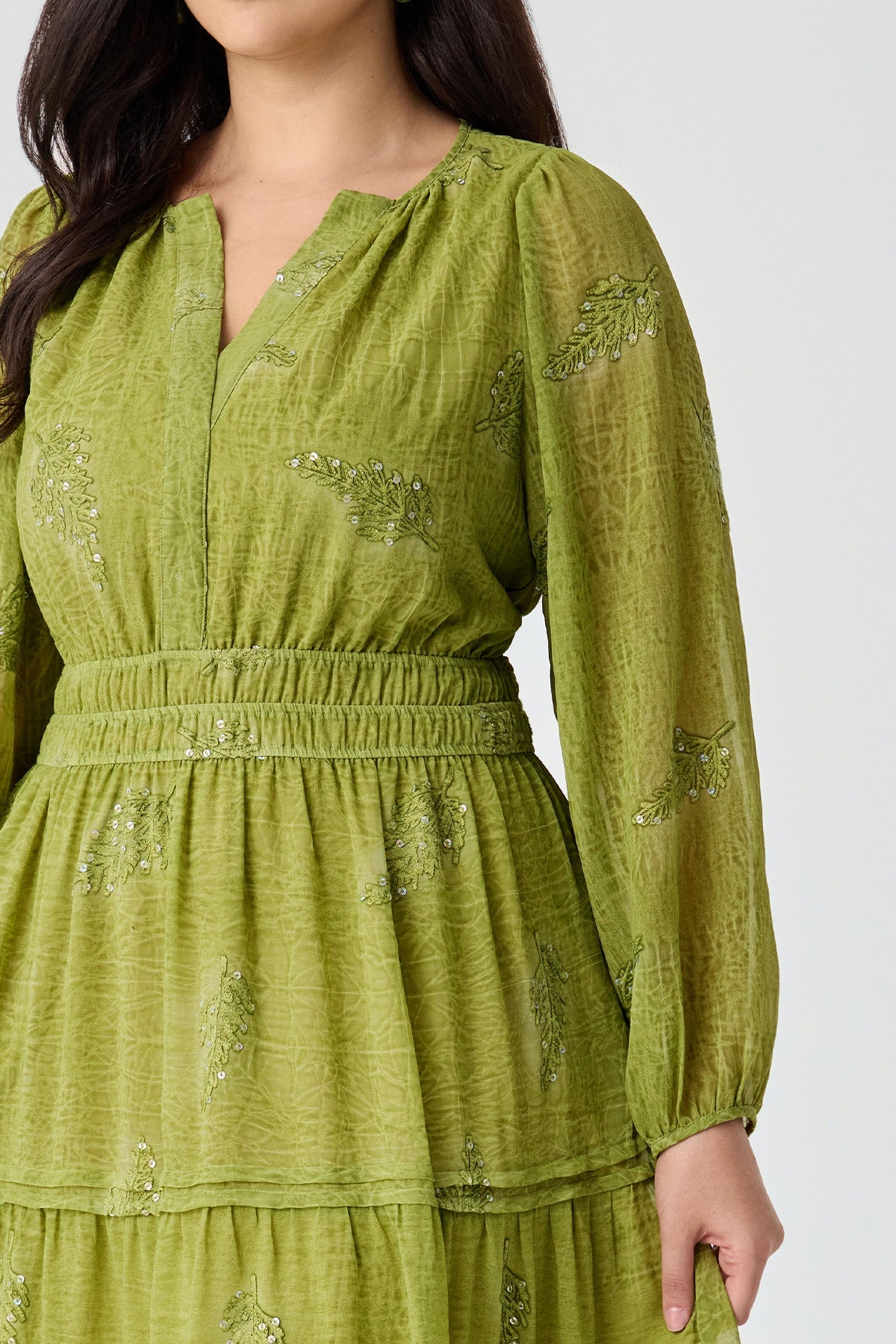 Ritera Sequin Embroidery Leaves Smocked Waist Tiered Midi Dress