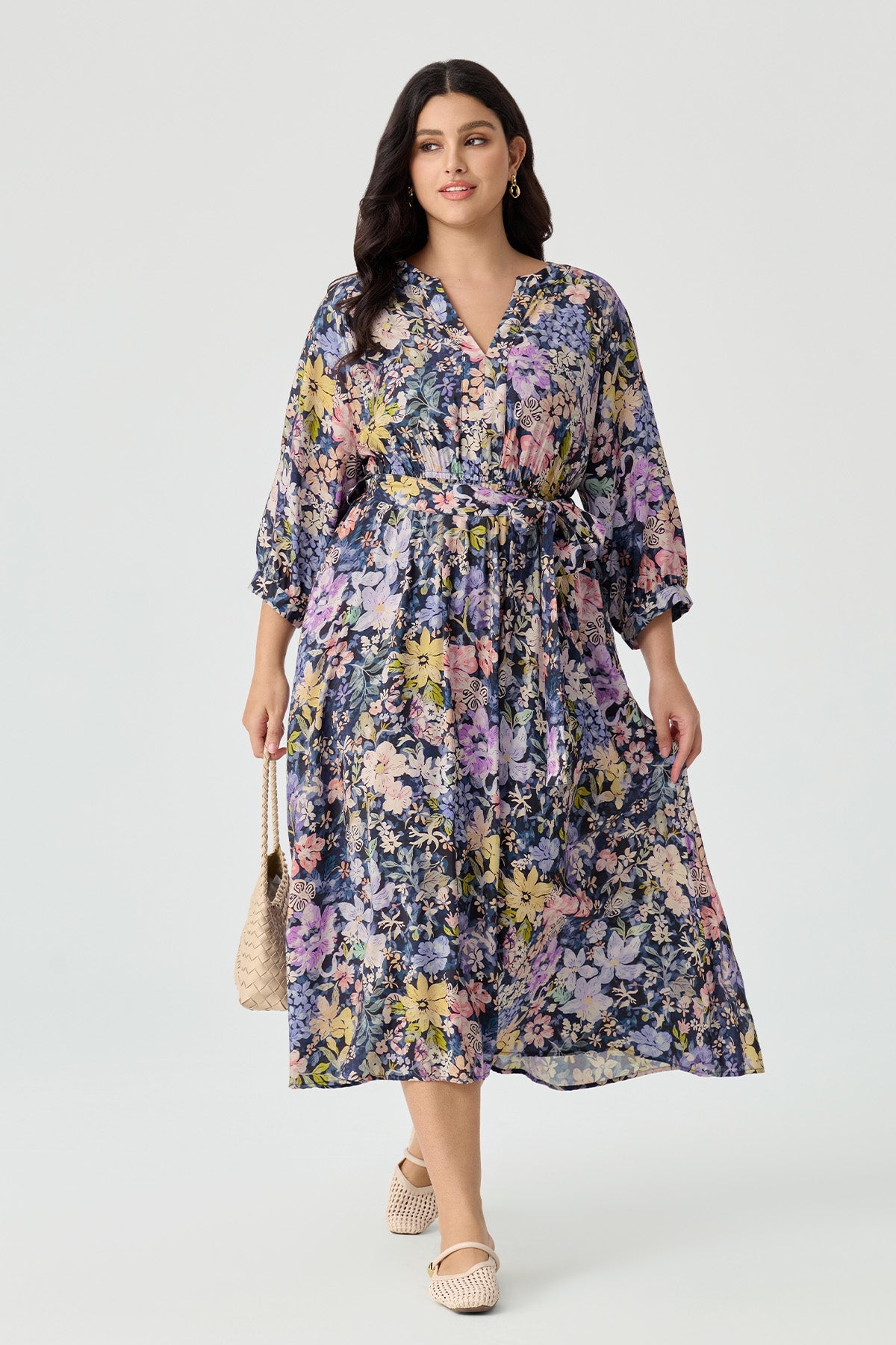 Ritera Pockets Elegant Floral Wrap Midi Dress with Belt