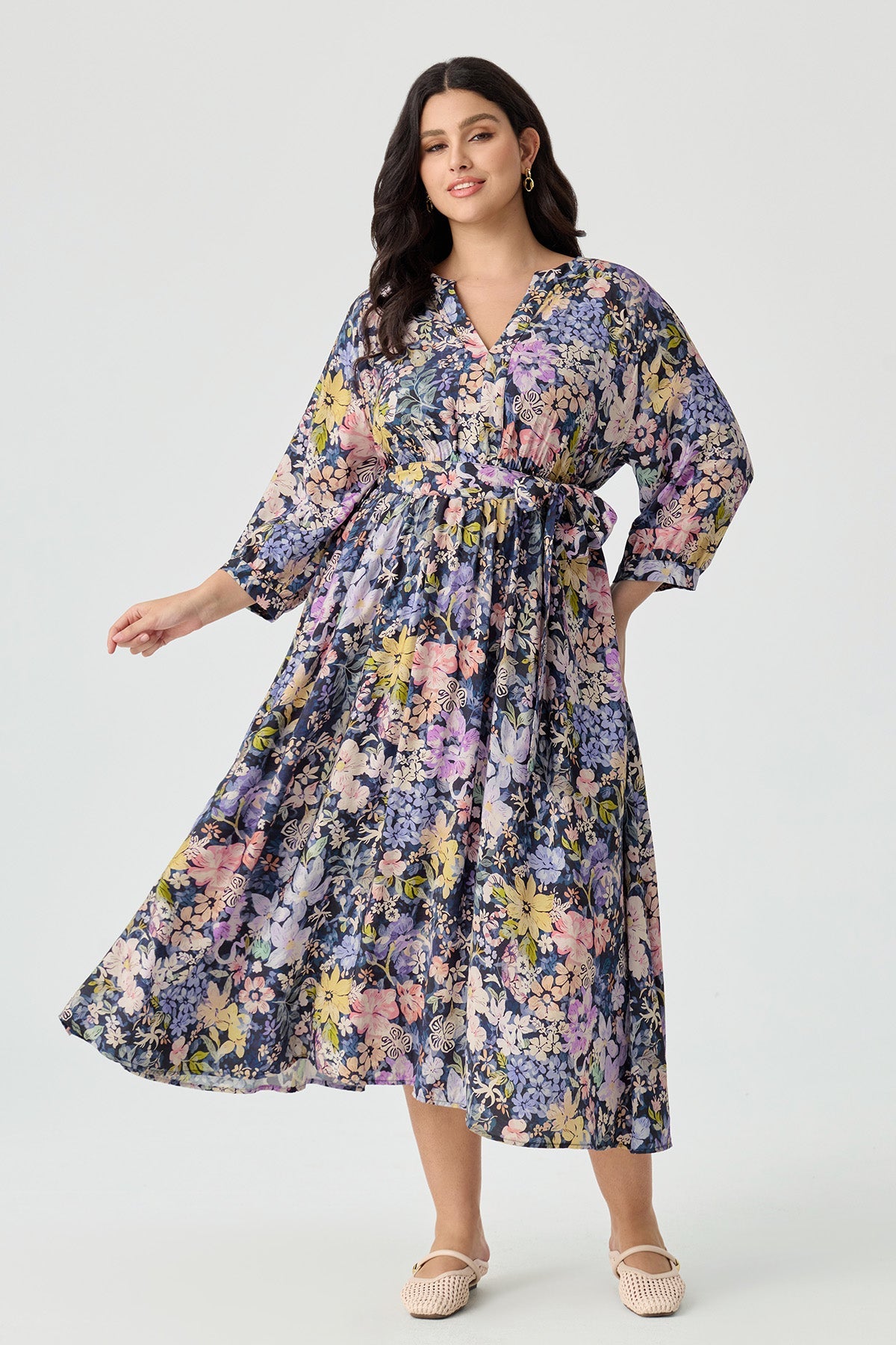 Ritera Pockets Elegant Floral Wrap Midi Dress with Belt