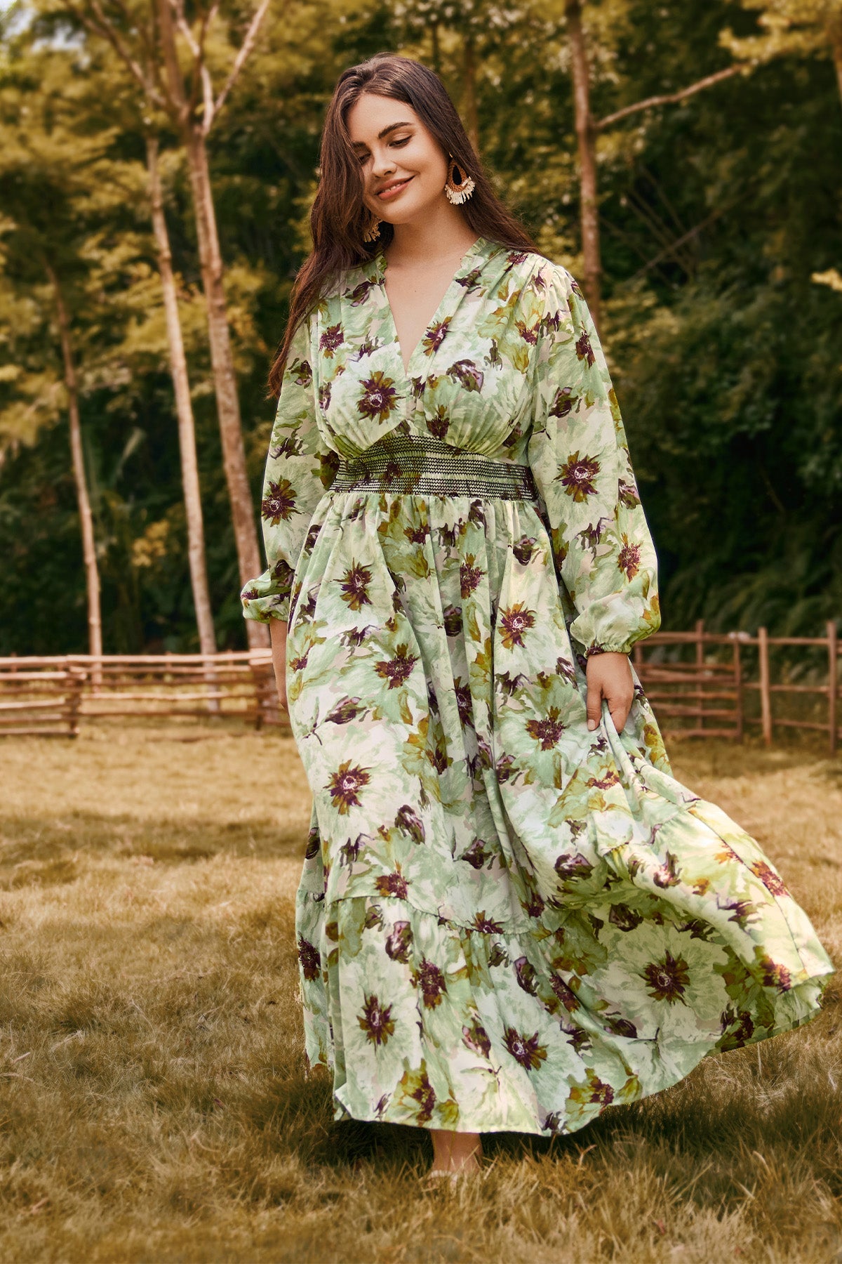 Ritera Pocket Boho Floral Smocked Waist Print Midi Dress