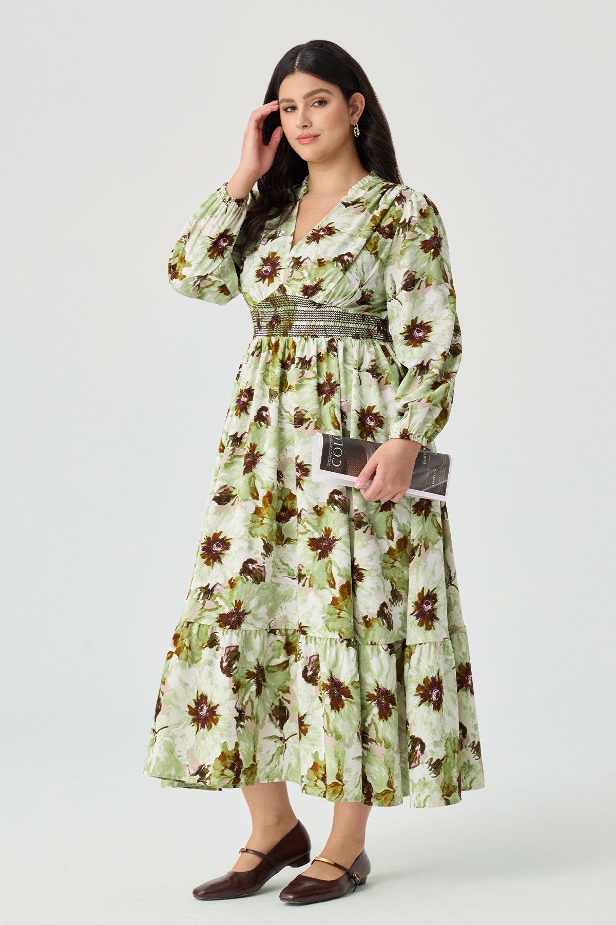 Ritera Pocket Boho Floral Smocked Waist Print Midi Dress