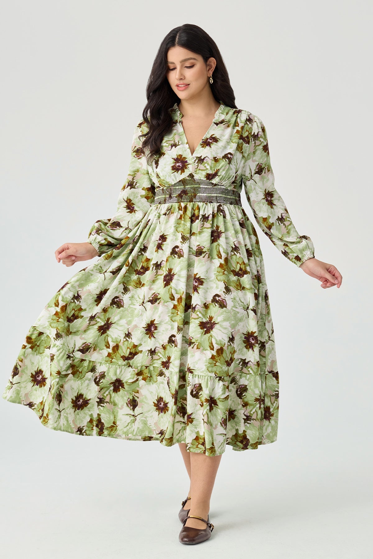 Ritera Pocket Boho Floral Smocked Waist Print Midi Dress