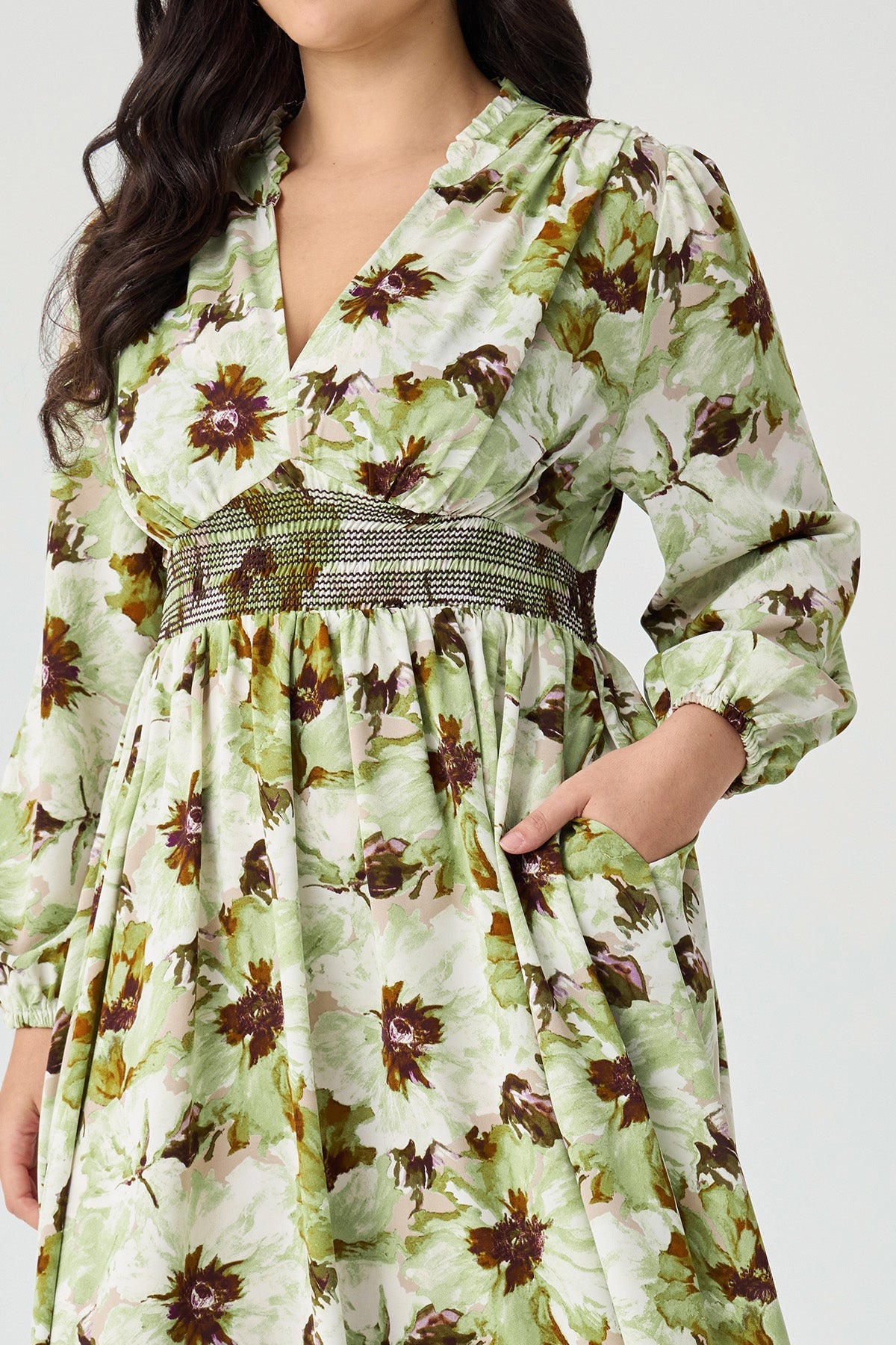 Ritera Pocket Boho Floral Smocked Waist Print Midi Dress