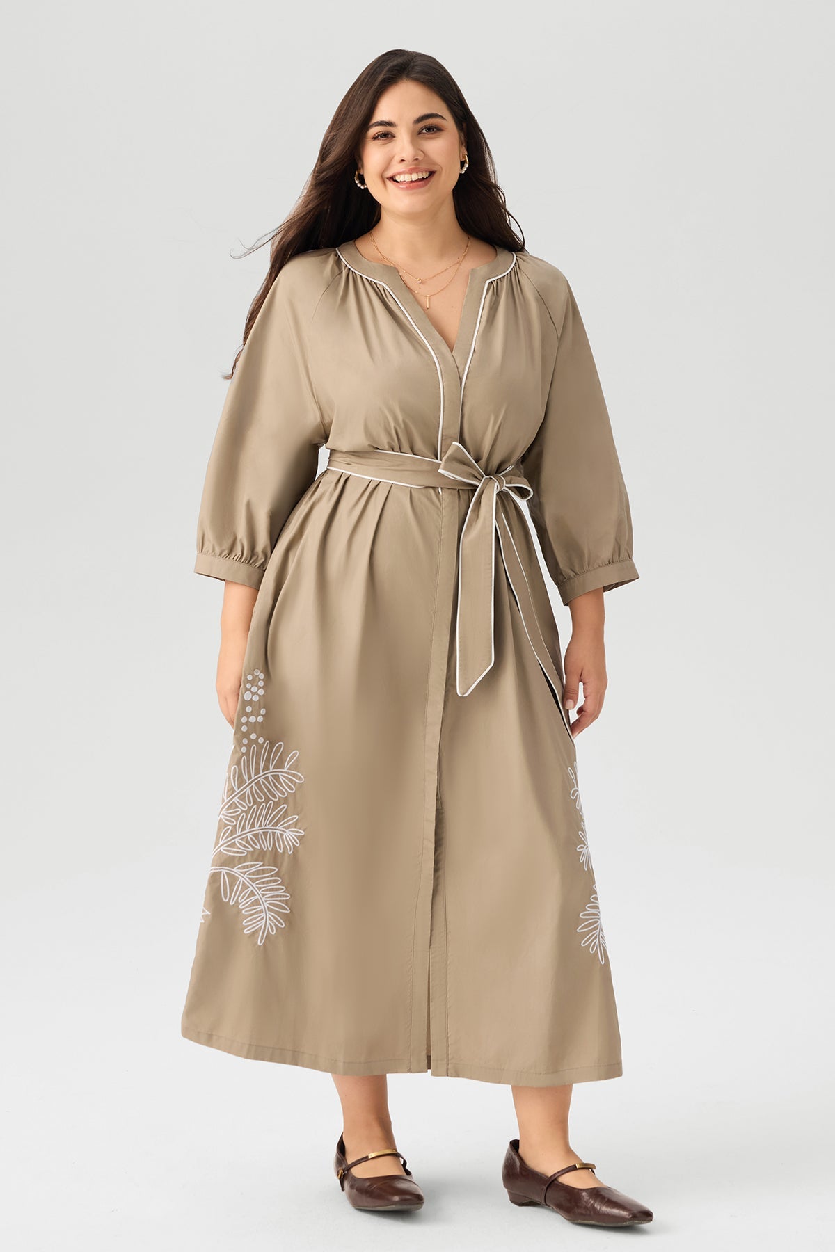 Embroidered Cotton Belted V-neck Maxi Dress