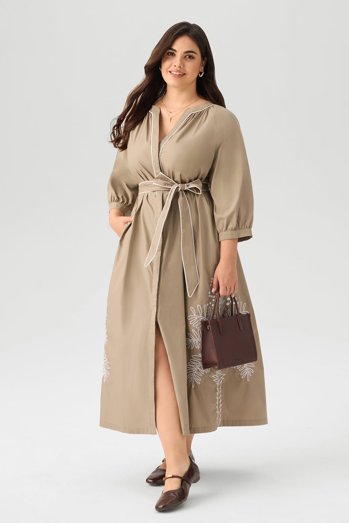 Embroidered Cotton Belted V-neck Maxi Dress