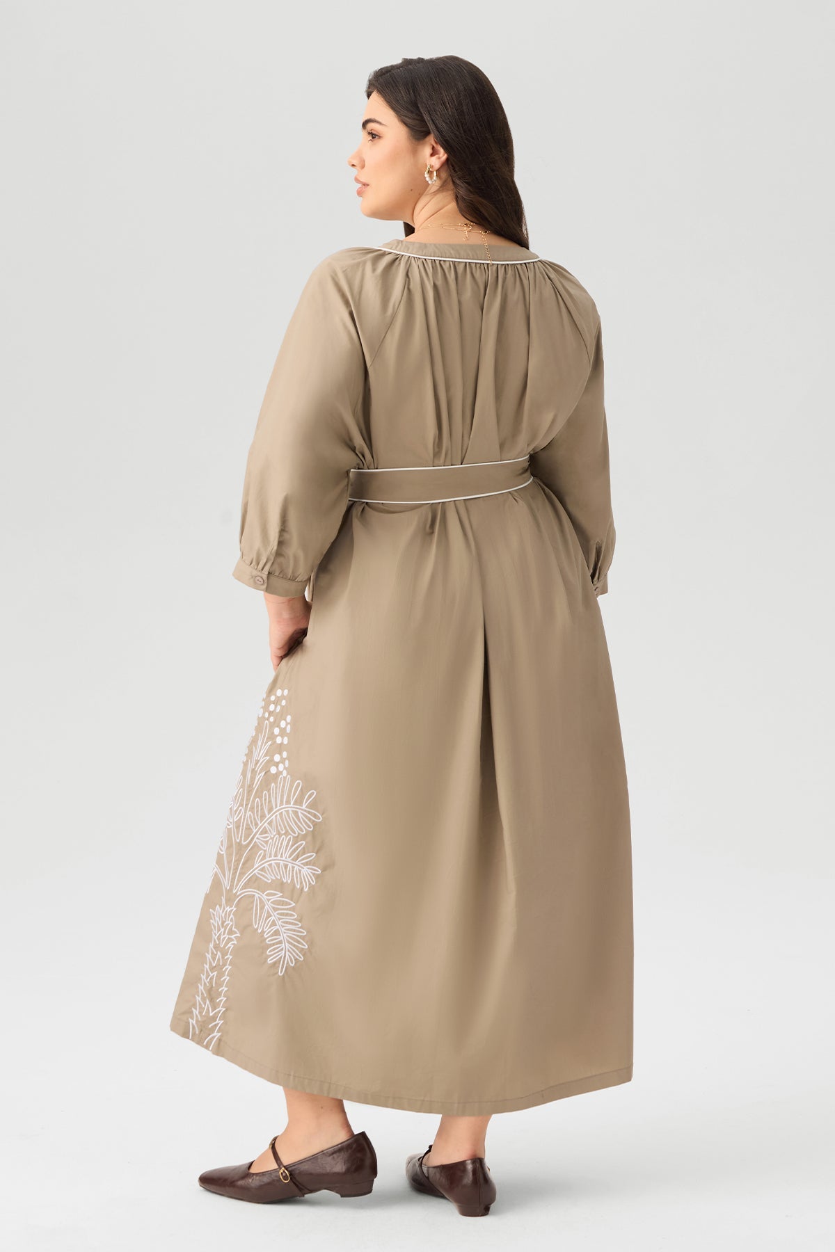 Embroidered Cotton Belted V-neck Maxi Dress