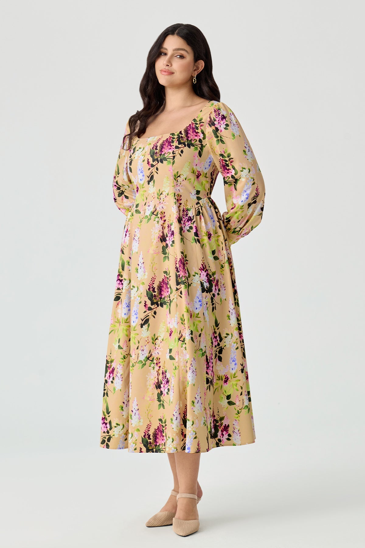 Ritera Elegant Wisteria Floral Smocked Back A-Line Midi Dress