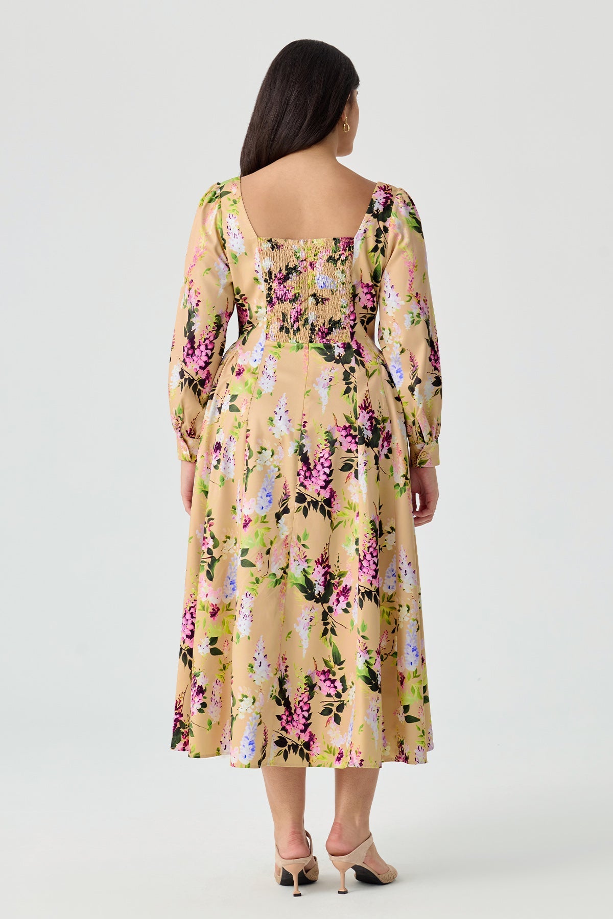 Ritera Elegant Wisteria Floral Smocked Back A-Line Midi Dress