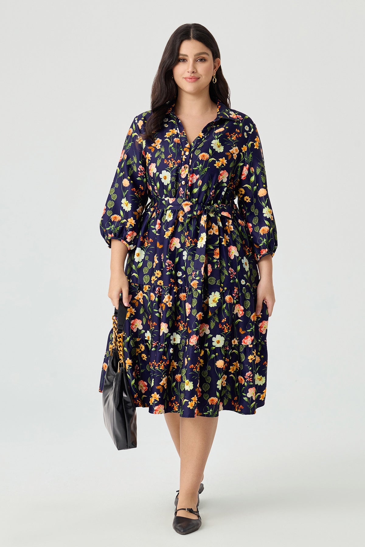 Ritera Pockets Floral Print Tiered A-Line Midi Shirt Dress with Belt