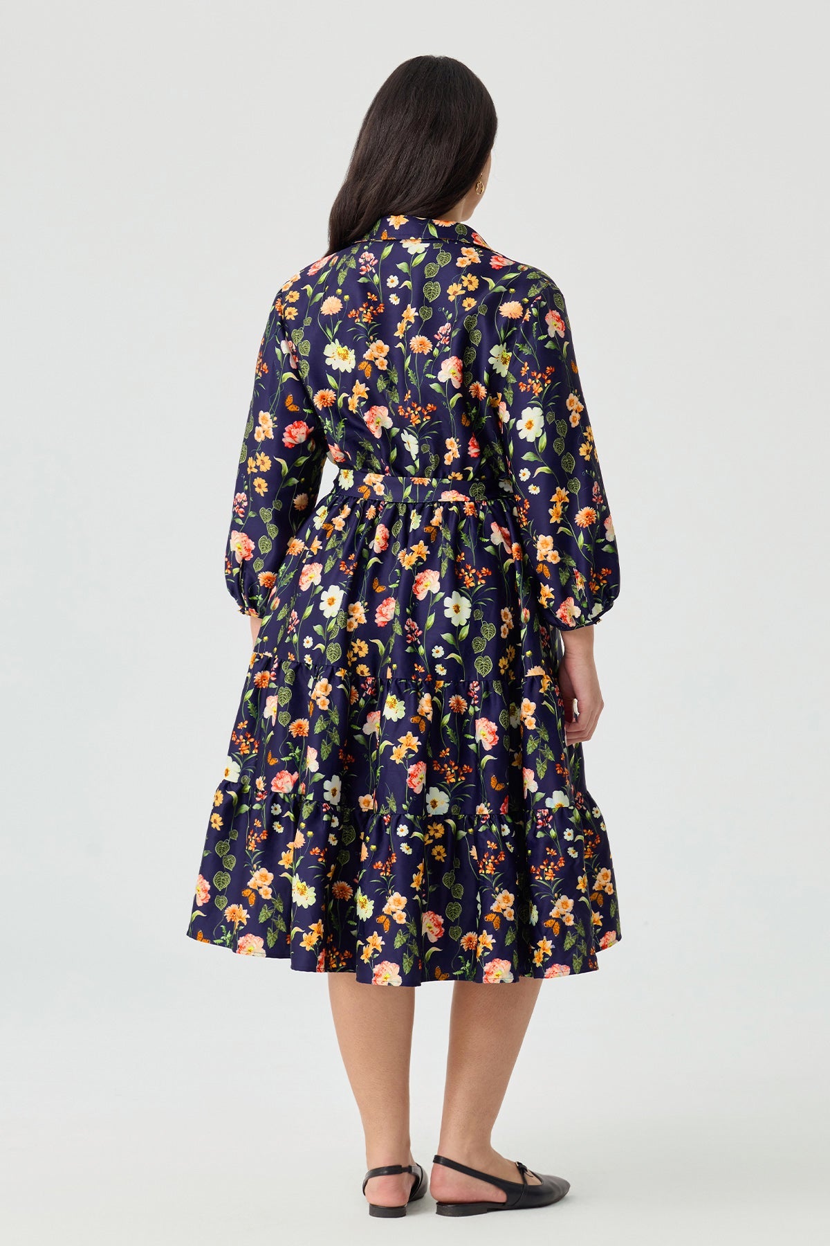 Ritera Pockets Floral Print Tiered A-Line Midi Shirt Dress with Belt