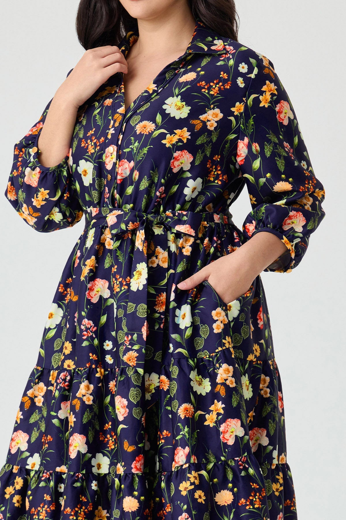 Ritera Pockets Floral Print Tiered A-Line Midi Shirt Dress with Belt