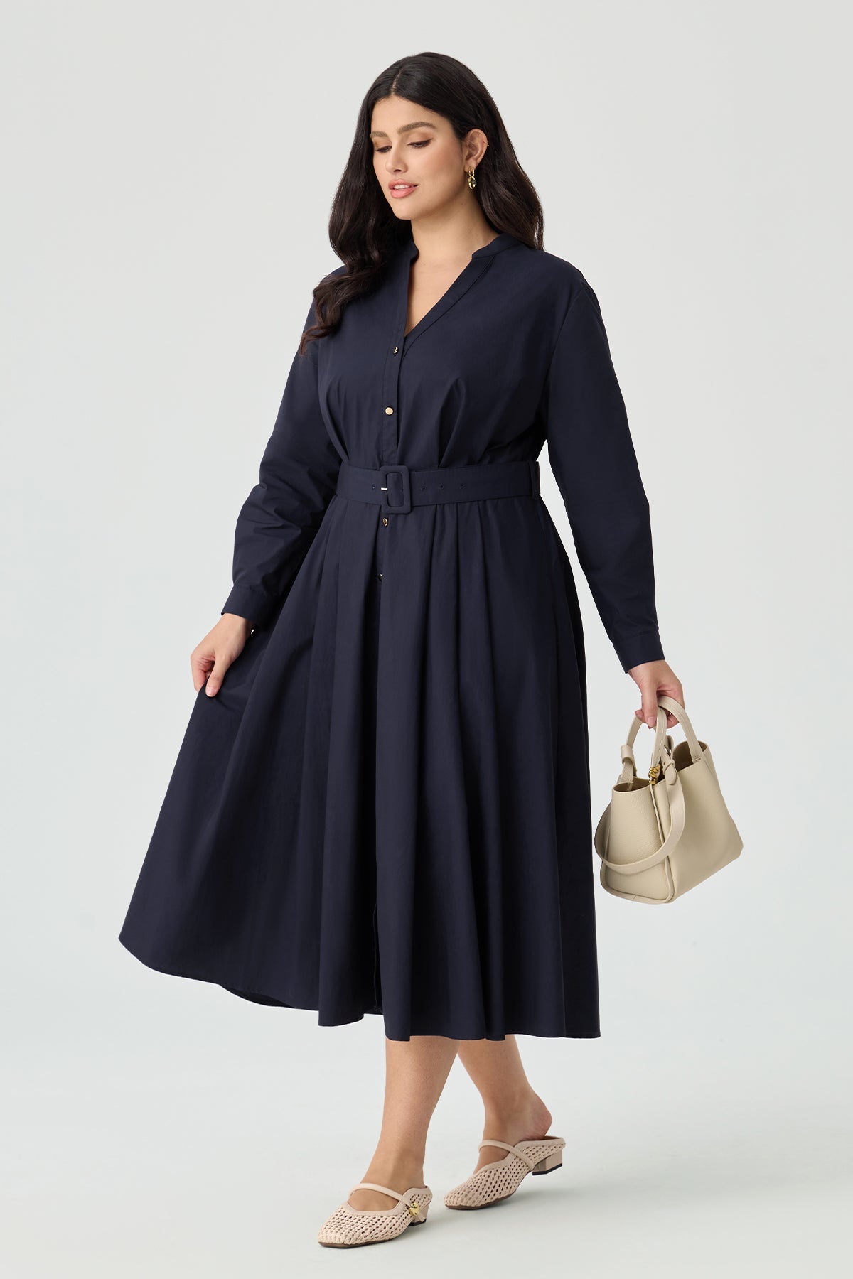 Ritera Pockets Navy Blue Pleated Midi Shirt Dress with Belt