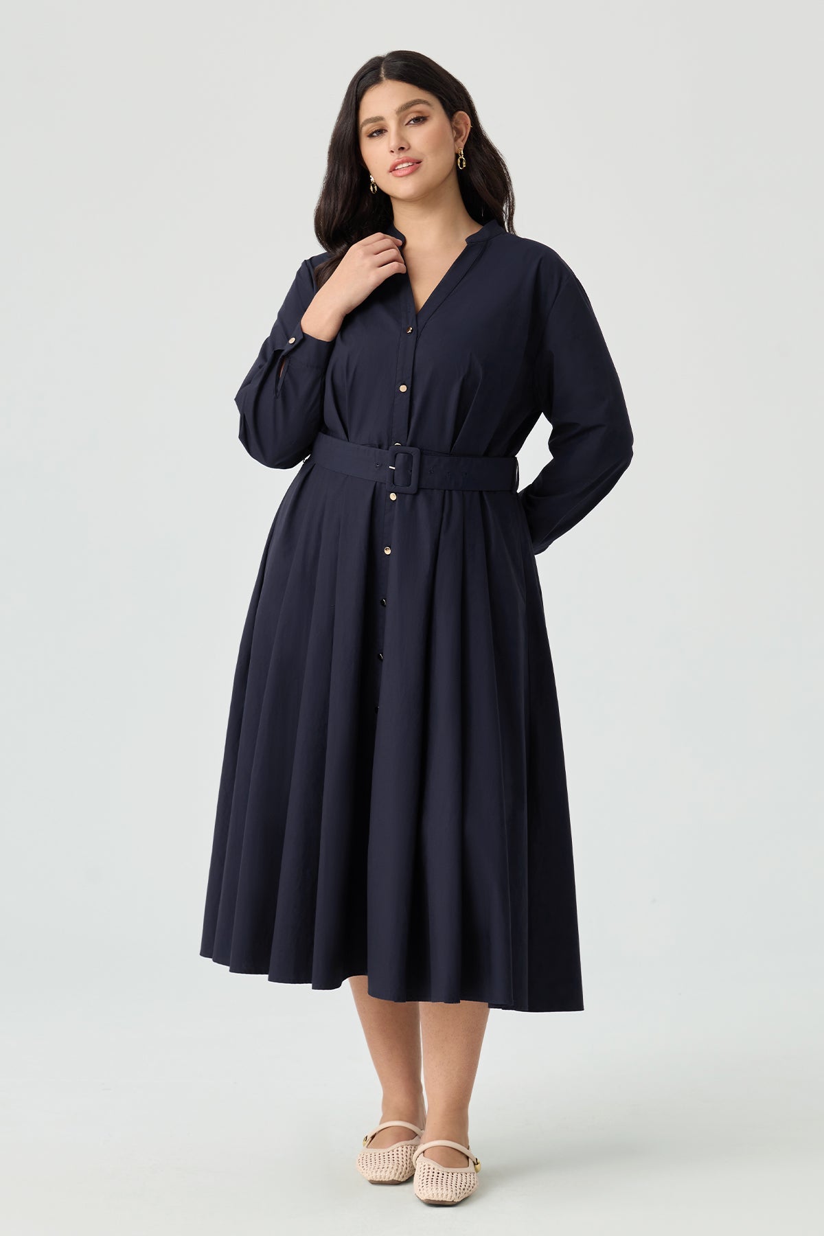 Ritera Pockets Navy Blue Pleated Midi Shirt Dress with Belt