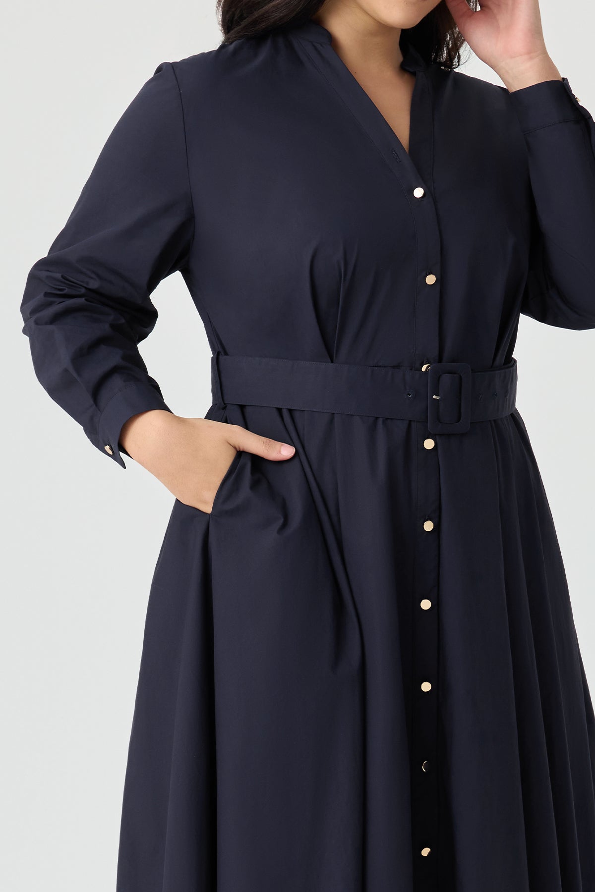 Ritera Pockets Navy Blue Pleated Midi Shirt Dress with Belt