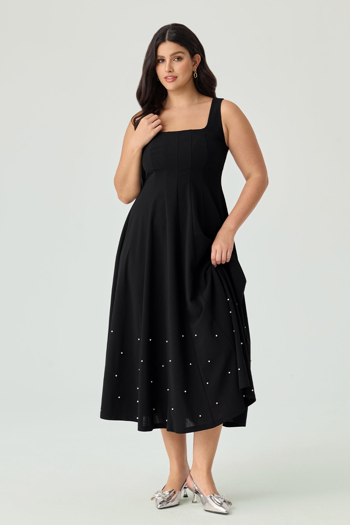 Ritera Black Pearl-Embellished A-Line Midi Dress