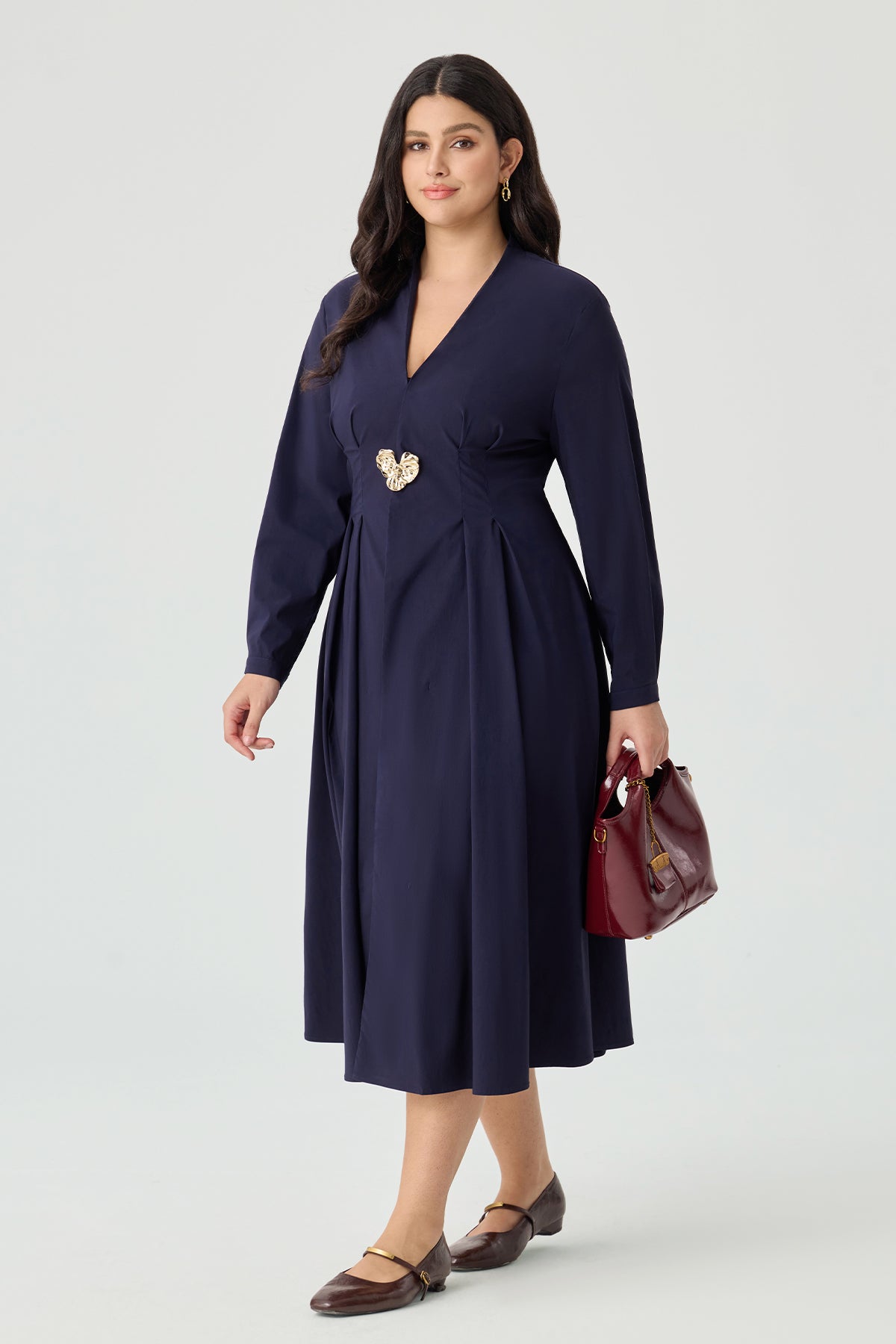 Ritera Elegant V-Neck Pleated A-Line Midi Dress with Heart Brooch