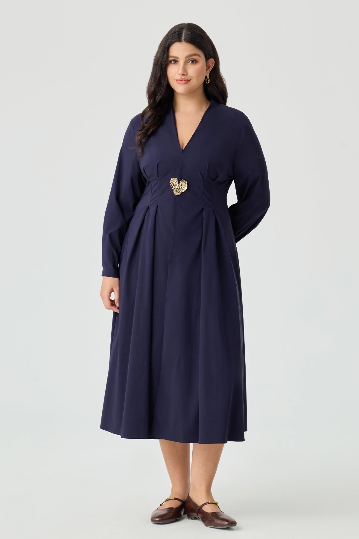 Ritera Elegant V-Neck Pleated A-Line Midi Dress with Heart Brooch