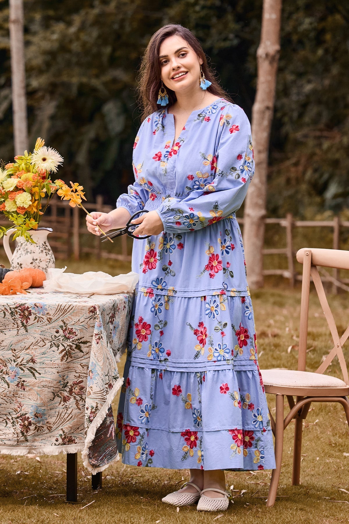 Ritera Pockets Embroidered Floral Smocked Waist Tiered Midi Dress