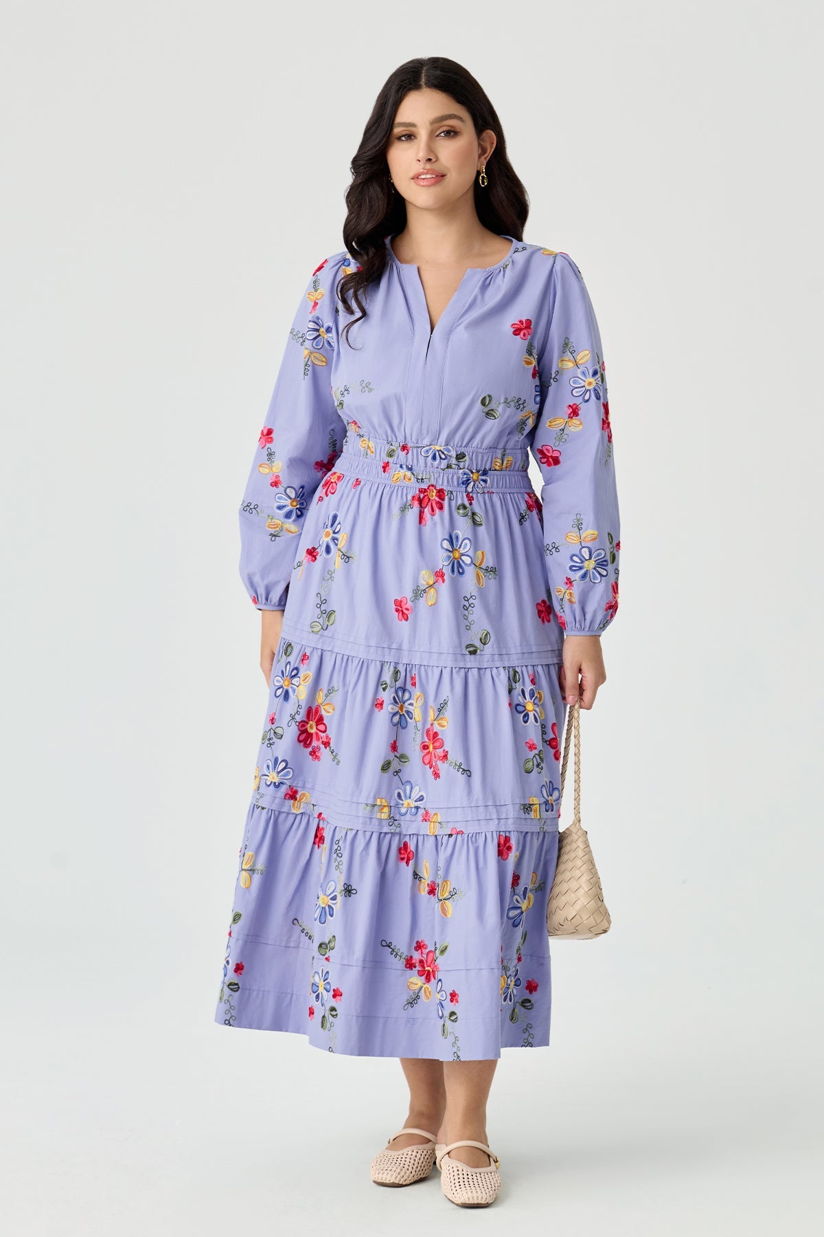 Ritera Pockets Embroidered Floral Smocked Waist Tiered Midi Dress