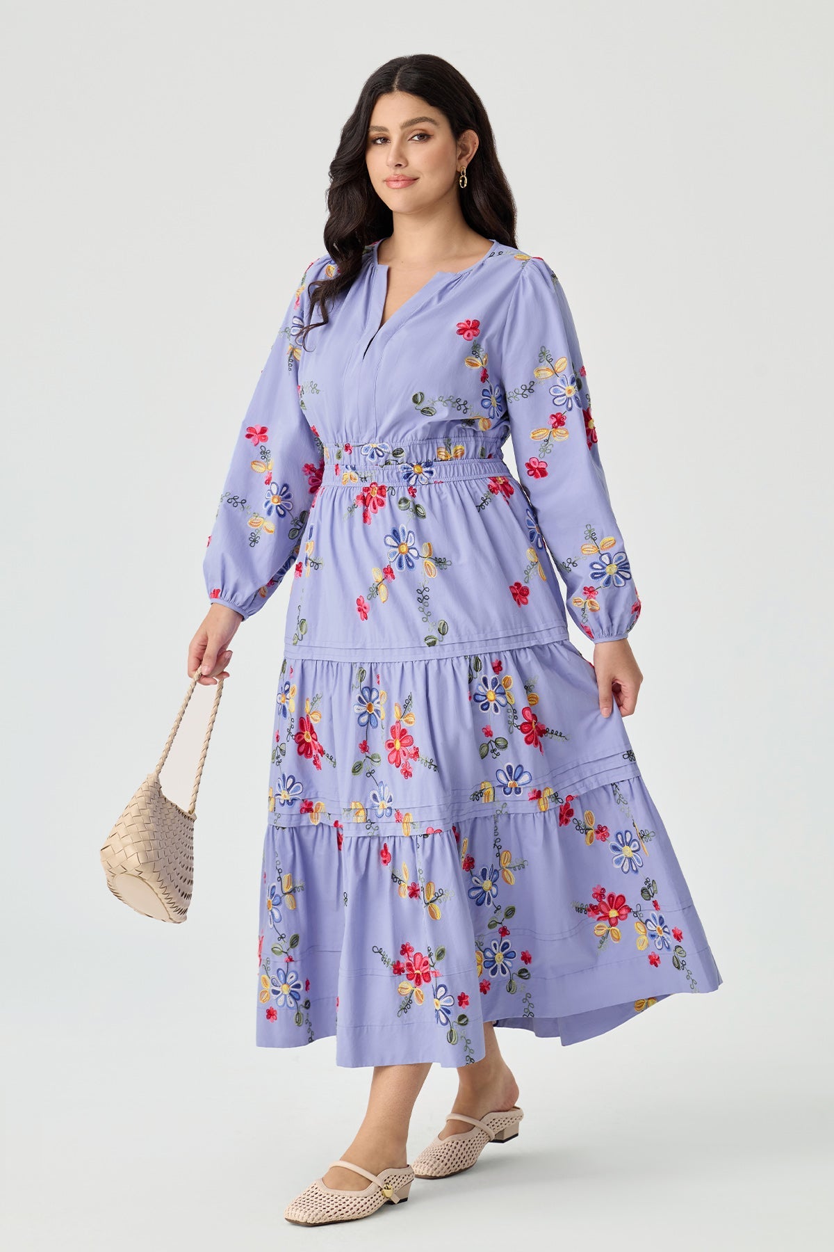 Ritera Pockets Embroidered Floral Smocked Waist Tiered Midi Dress