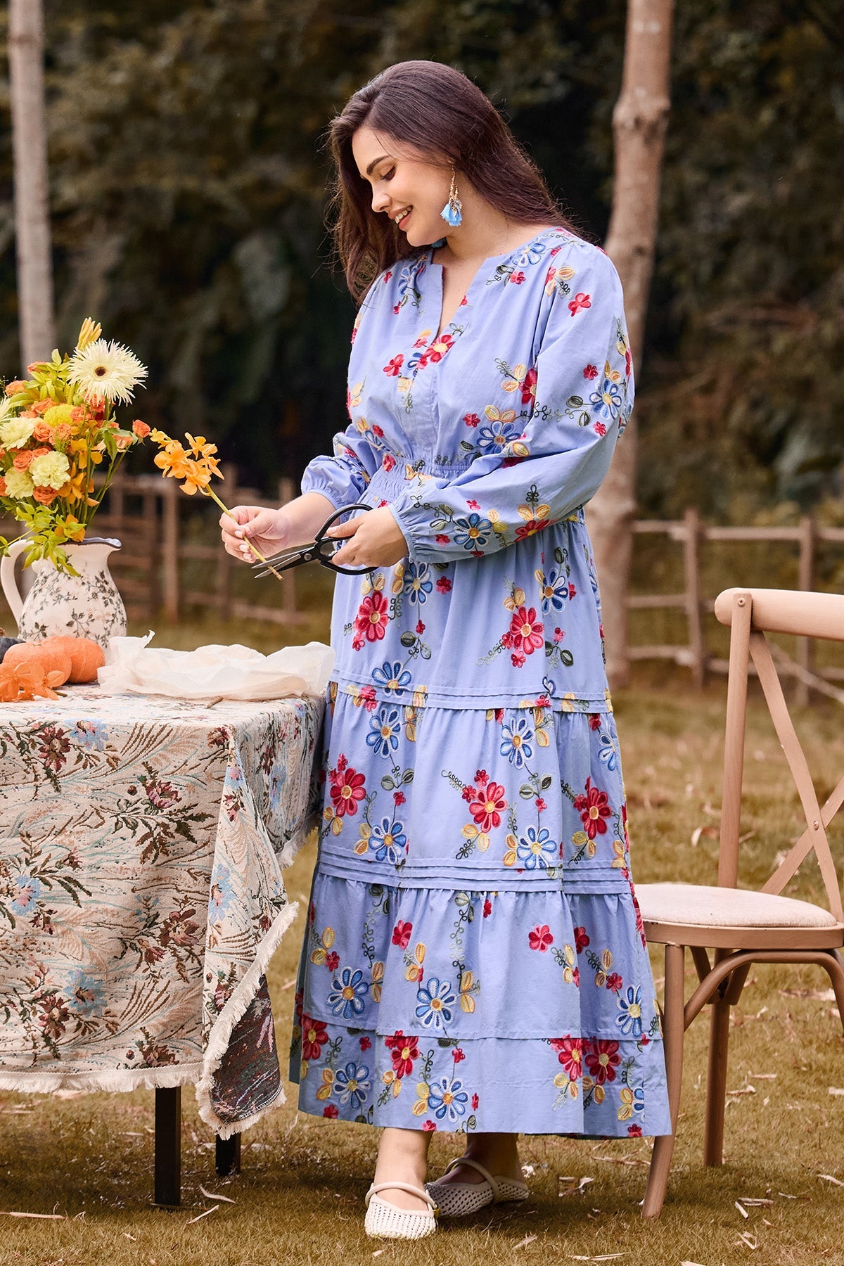 Ritera Pockets Embroidered Floral Smocked Waist Tiered Midi Dress