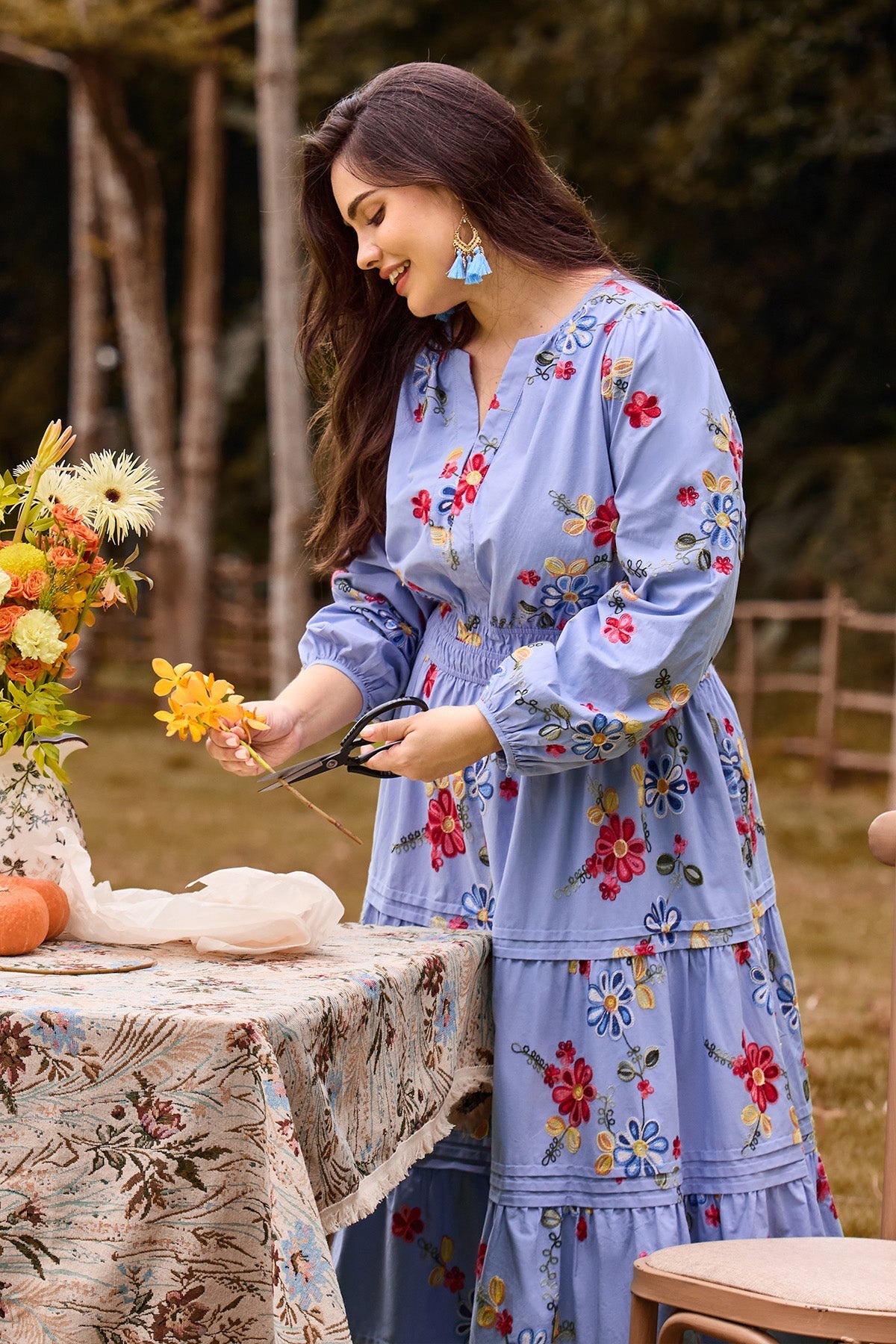 Ritera Pockets Embroidered Floral Smocked Waist Tiered Midi Dress