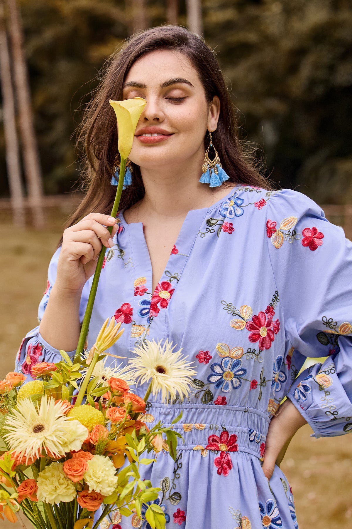 Ritera Pockets Embroidered Floral Smocked Waist Tiered Midi Dress