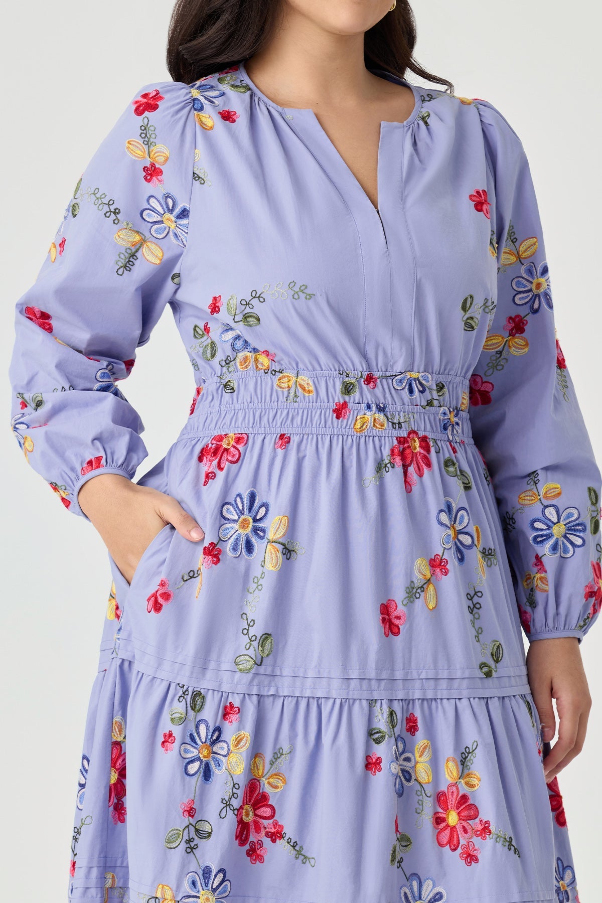 Ritera Pockets Embroidered Floral Smocked Waist Tiered Midi Dress