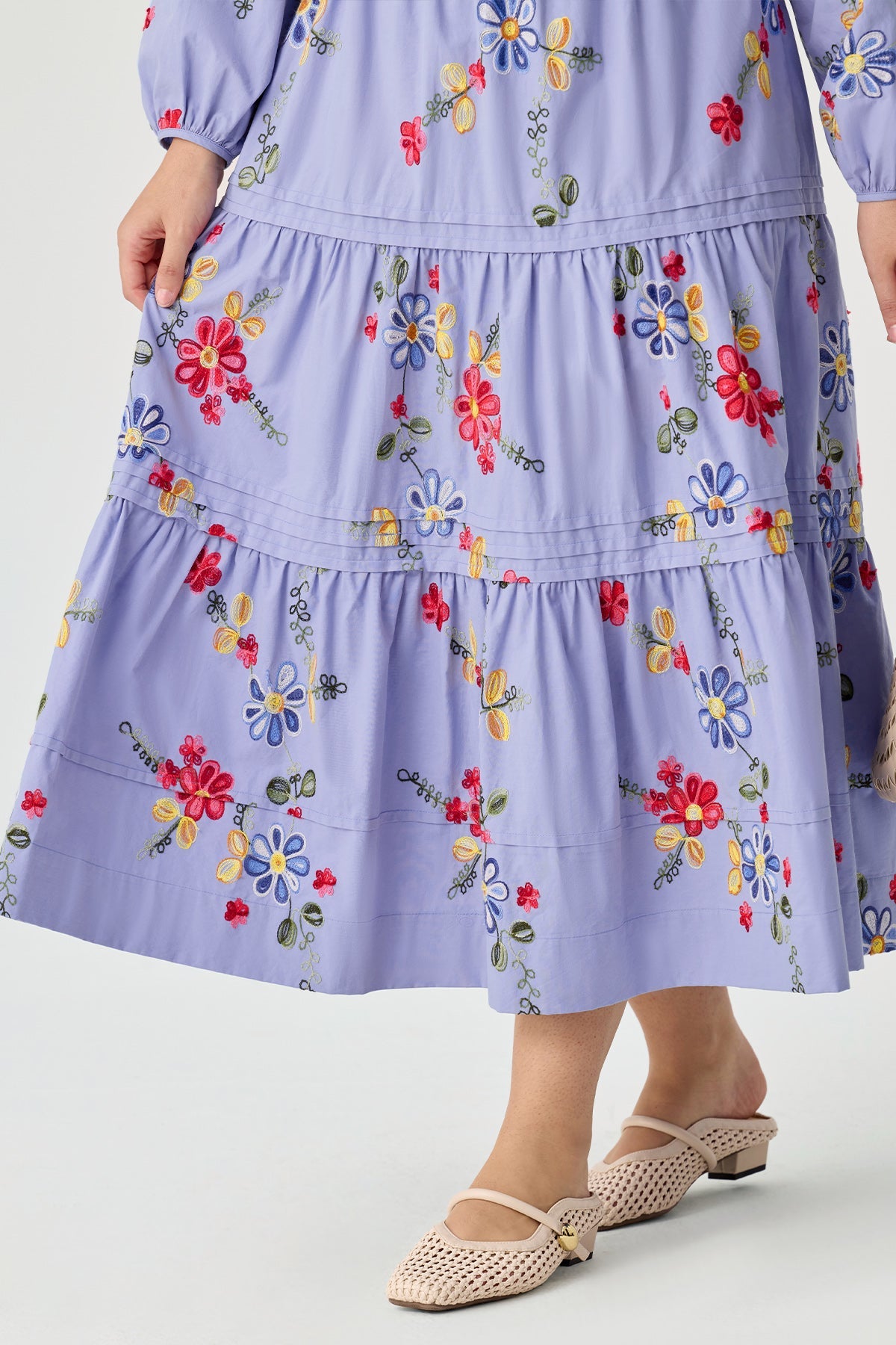 Ritera Pockets Embroidered Floral Smocked Waist Tiered Midi Dress