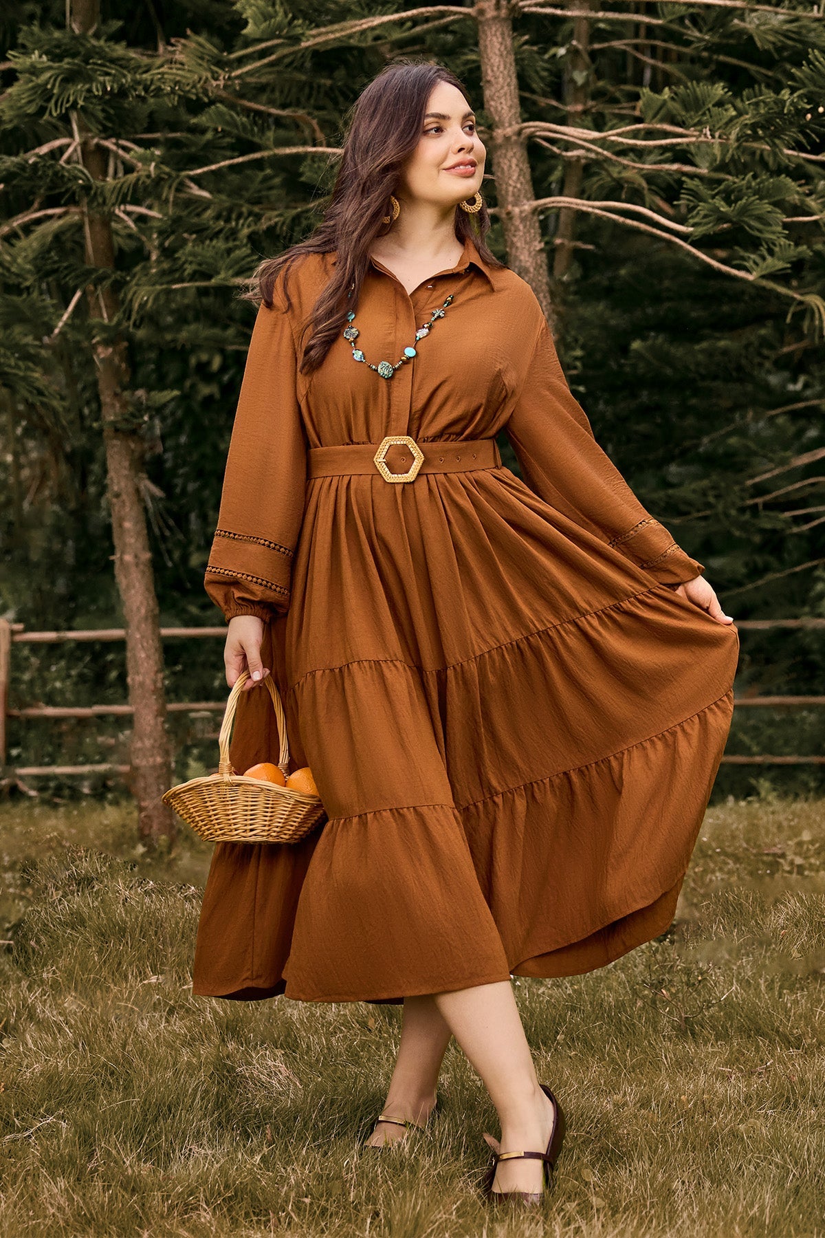 Ritera Pockets Tiered Midi Shirt Dress with Belt