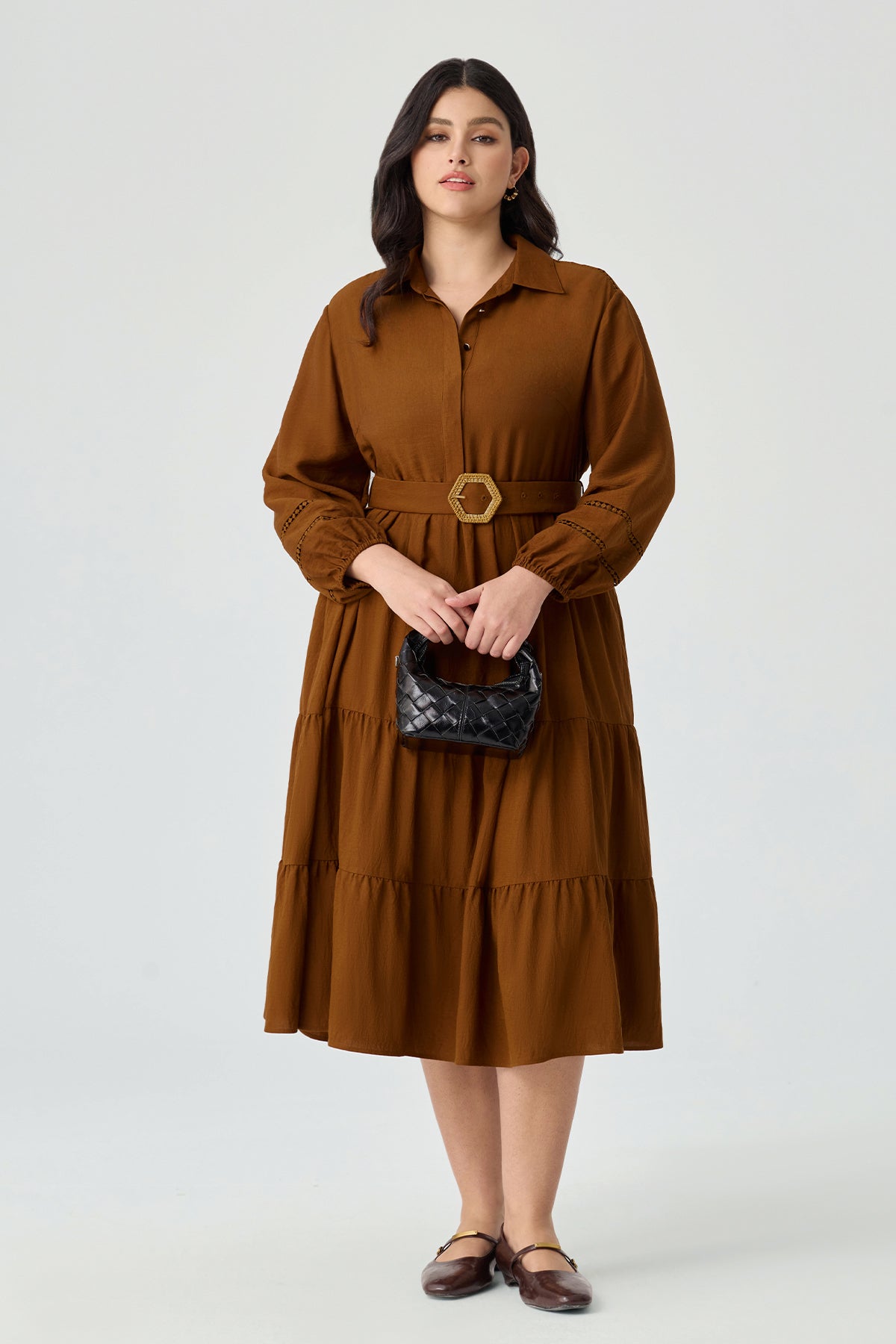 Ritera Pockets Tiered Midi Shirt Dress with Belt