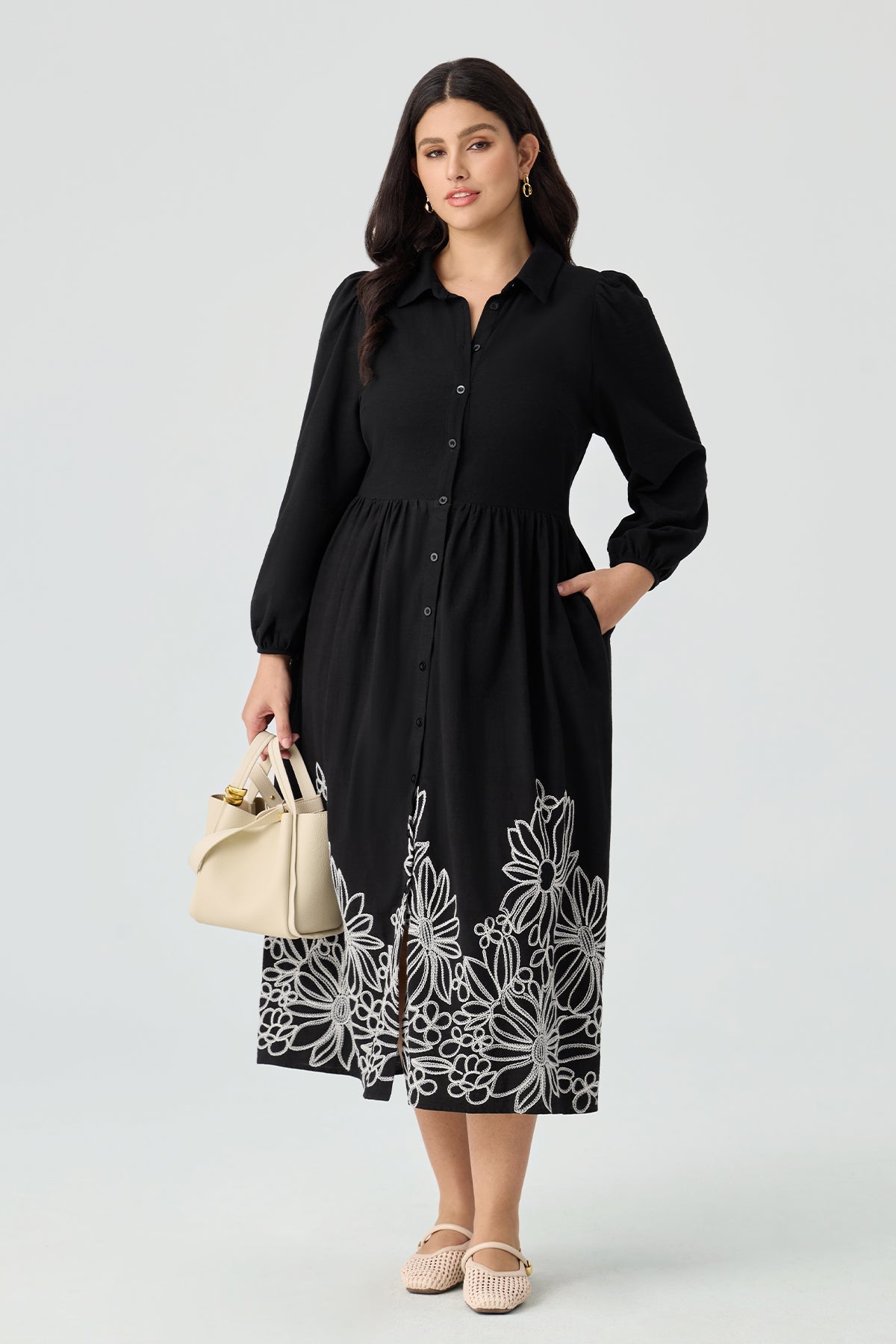 Ritera Pockets Floral Embroidered Midi Shirt Dress with Collar