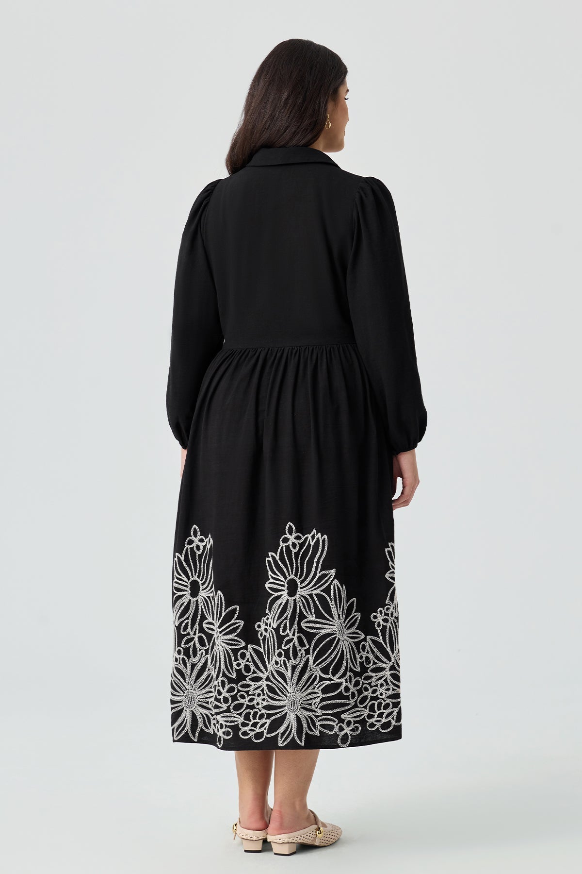 Ritera Pockets Floral Embroidered Midi Shirt Dress with Collar