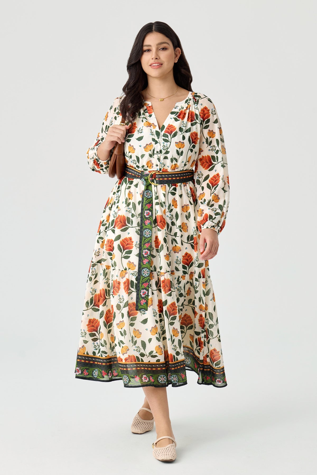 Ritera Elegant Boho Floral Midi Dress with Reversible Belt